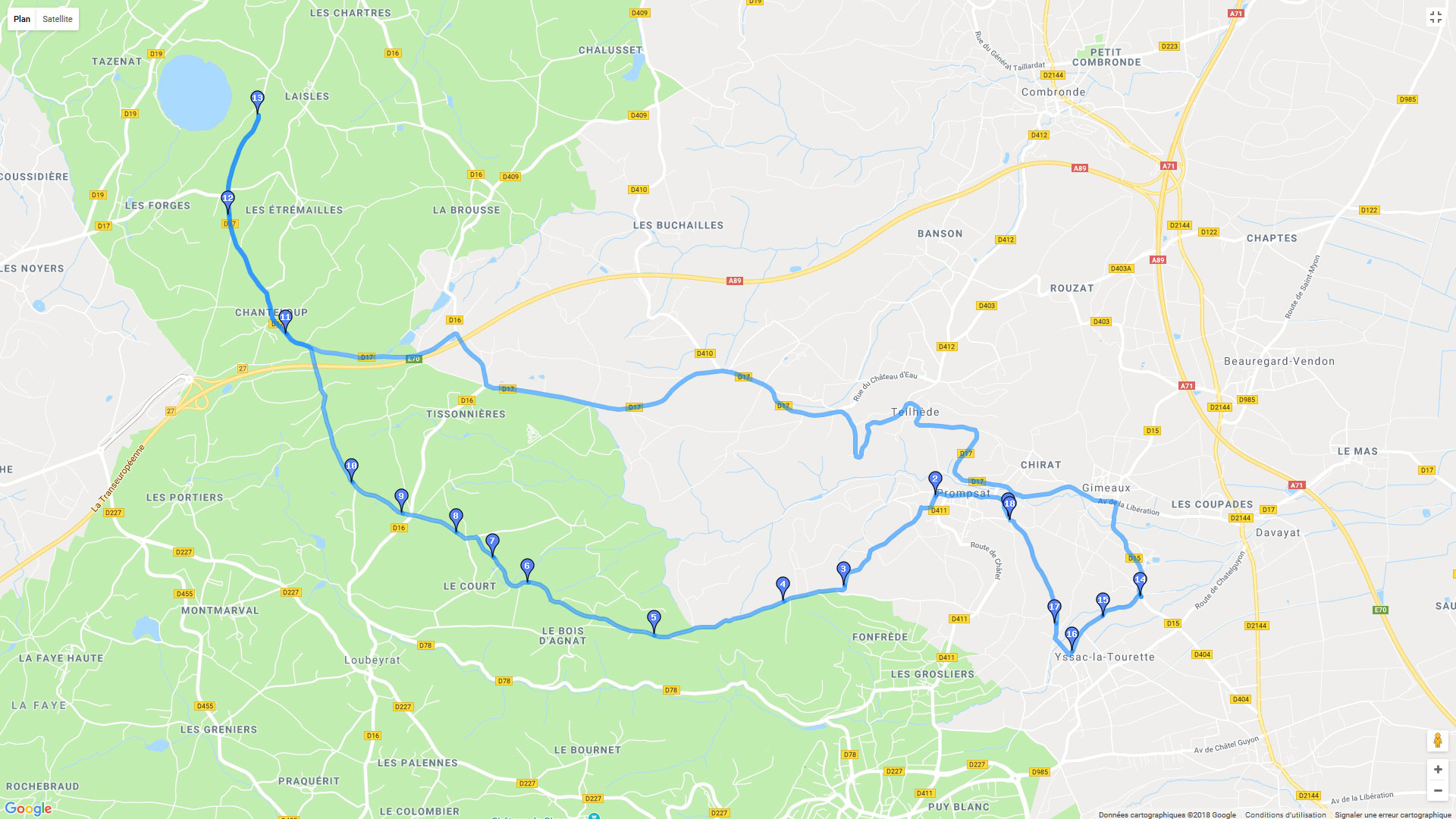 Pour zoomer sur la carte et avoir plus de détails, connectez-vous ! Carte roadbook TT Prompsat - Gour de Tazenat