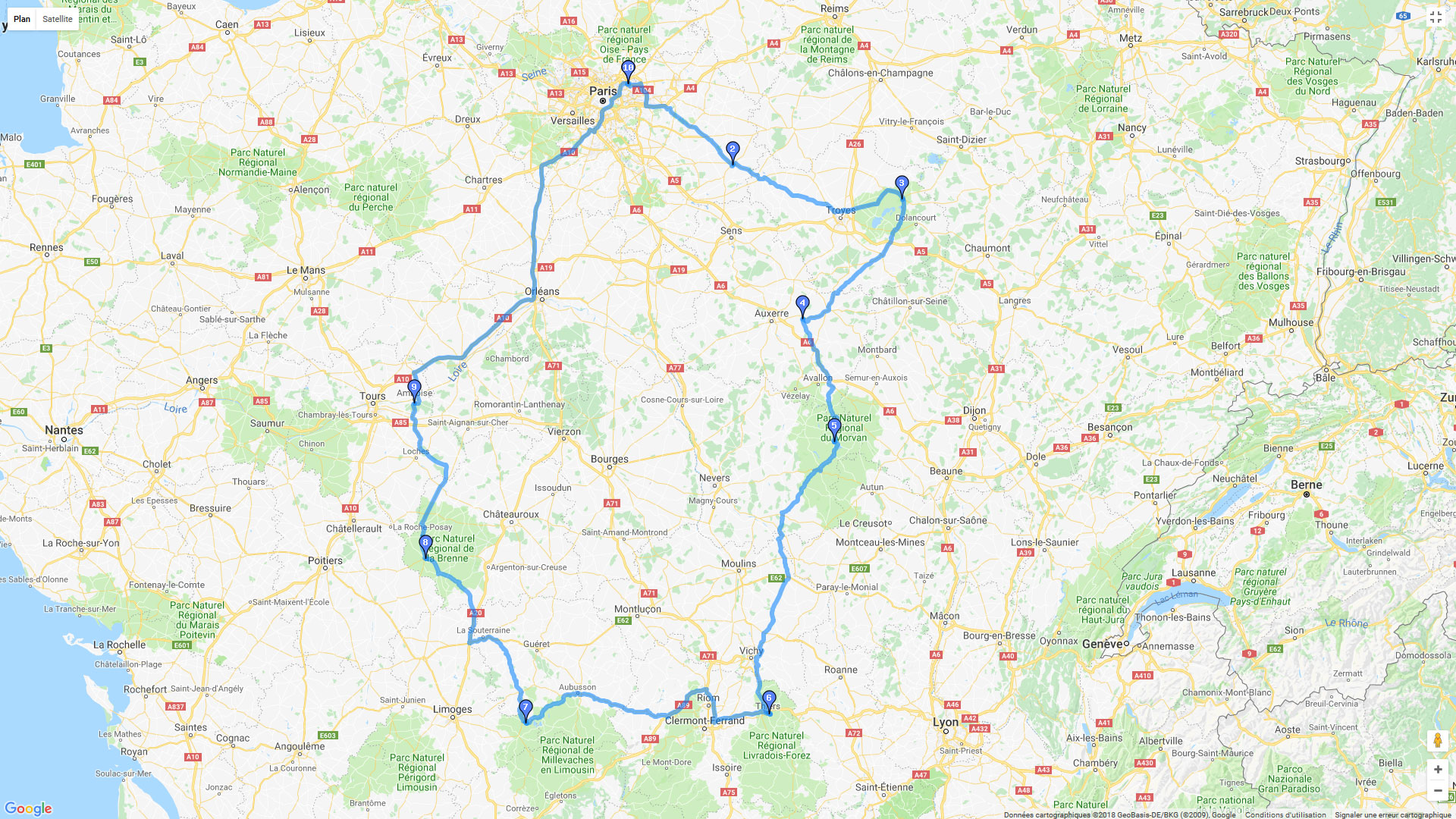 Pour zoomer sur la carte et avoir plus de détails, connectez-vous ! Carte roadbook Boucle Paris / Auvergne
