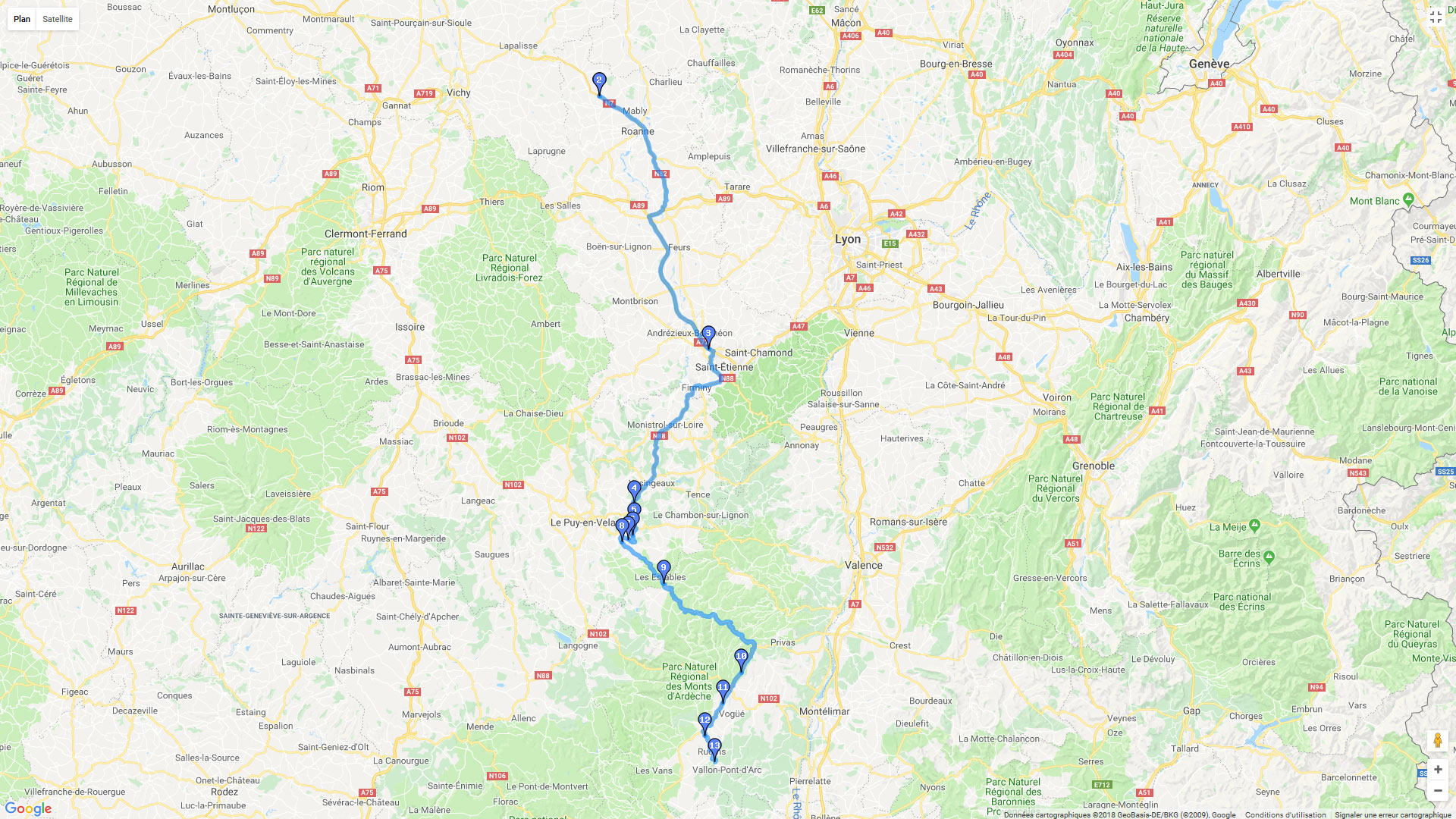 Pour zoomer sur la carte et avoir plus de détails, connectez-vous ! Carte roadbook De la Loire à l'Ardèche