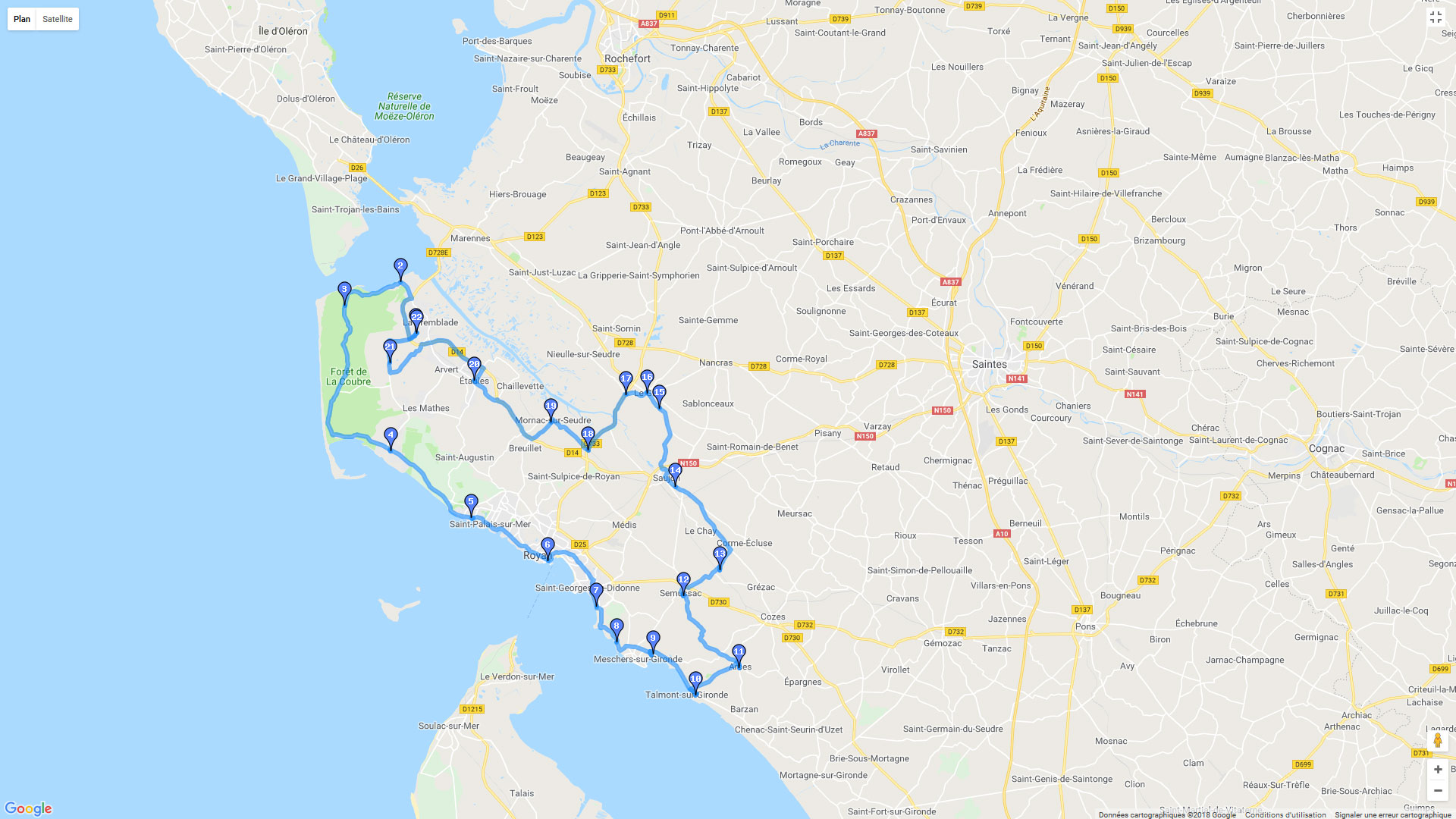 Pour zoomer sur la carte et avoir plus de détails, connectez-vous ! Carte roadbook Autour de La Tremblade