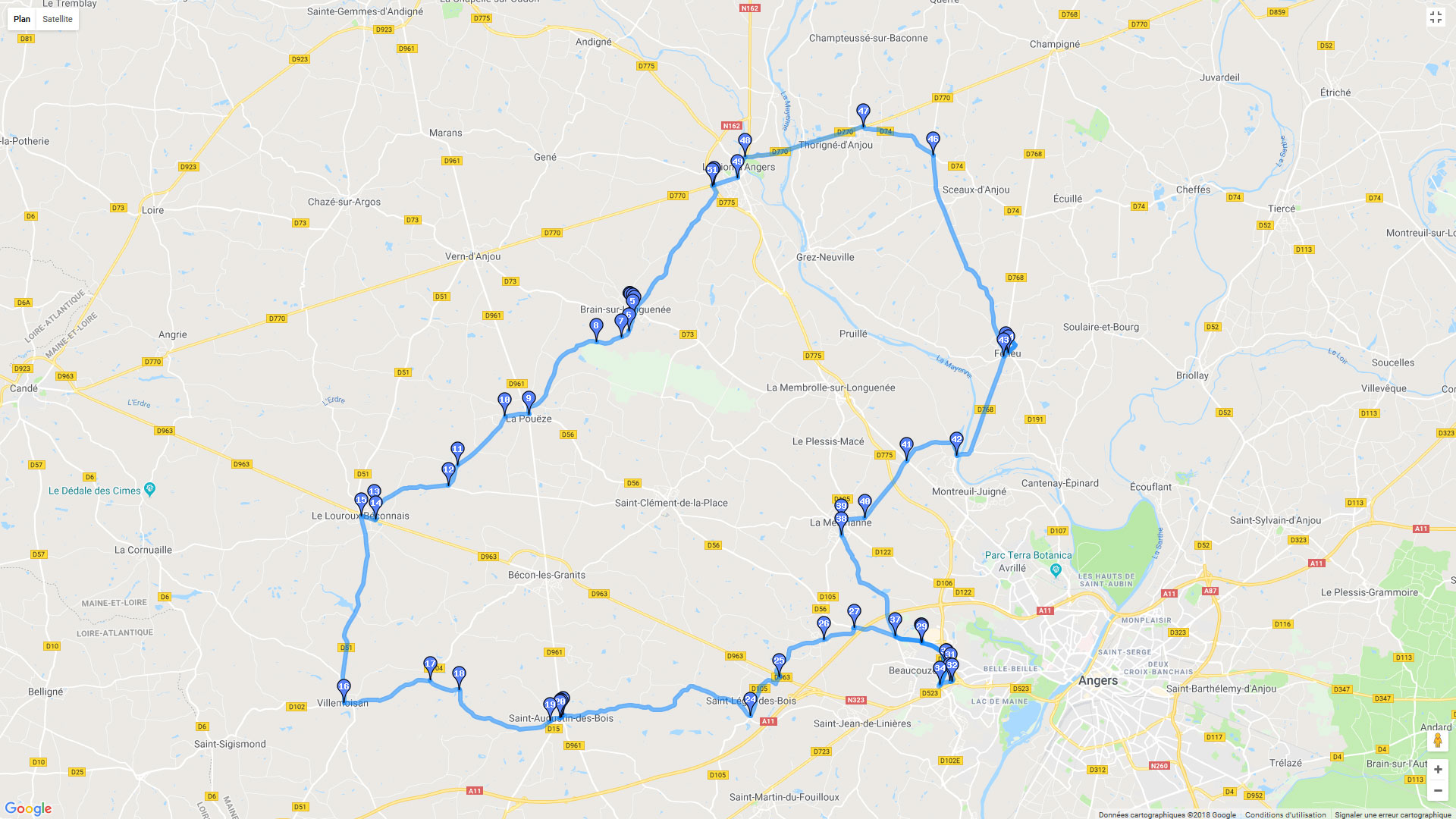 Pour zoomer sur la carte et avoir plus de détails, connectez-vous ! Carte roadbook A l'ouest d'Anger