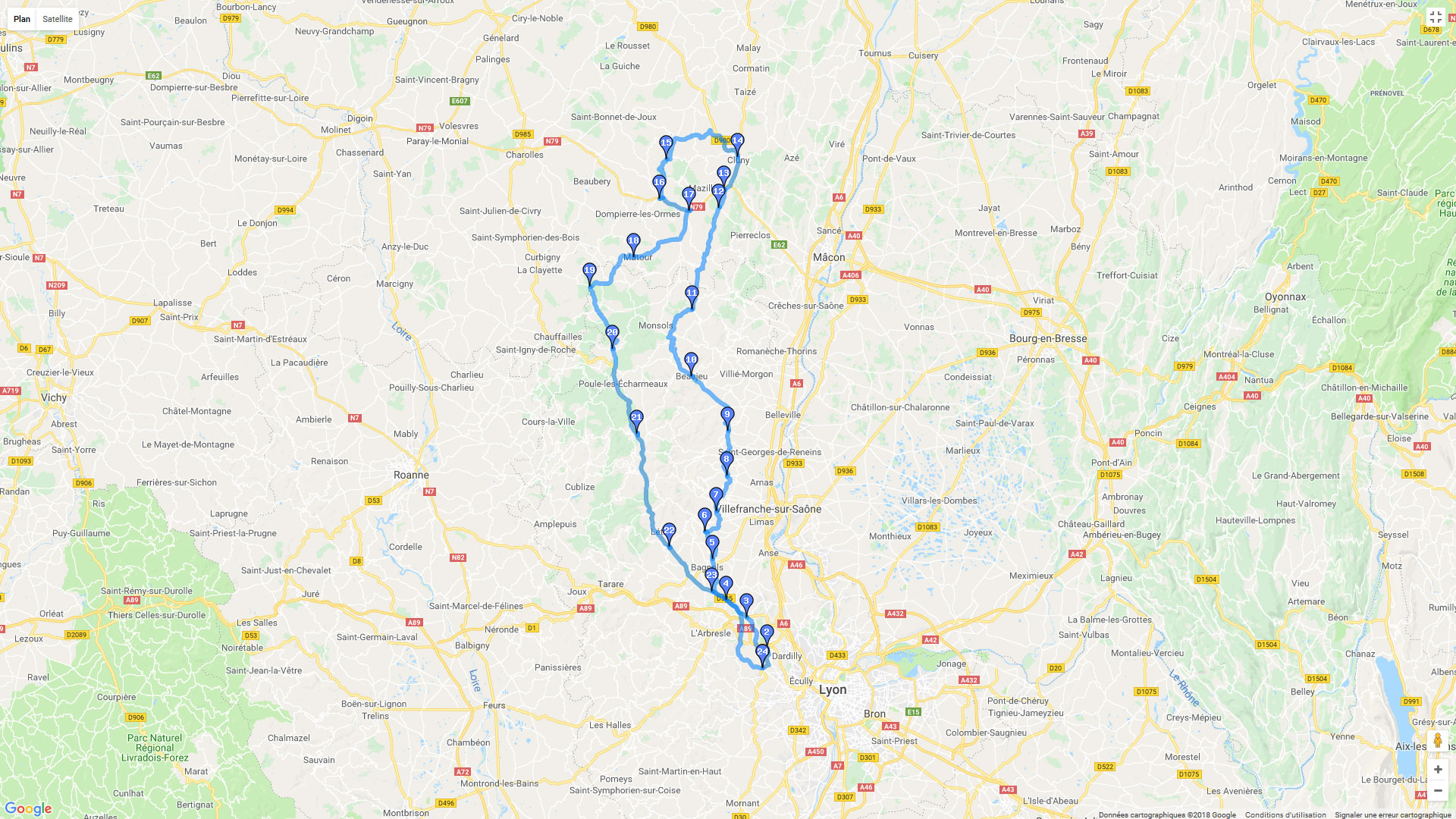 Pour zoomer sur la carte et avoir plus de détails, connectez-vous ! Carte roadbook Rhône - Bourgogne