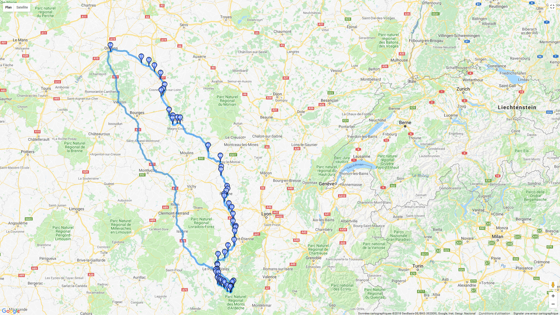 Pour zoomer sur la carte et avoir plus de détails, connectez-vous ! Carte roadbook De la source de la Loire à Orléans