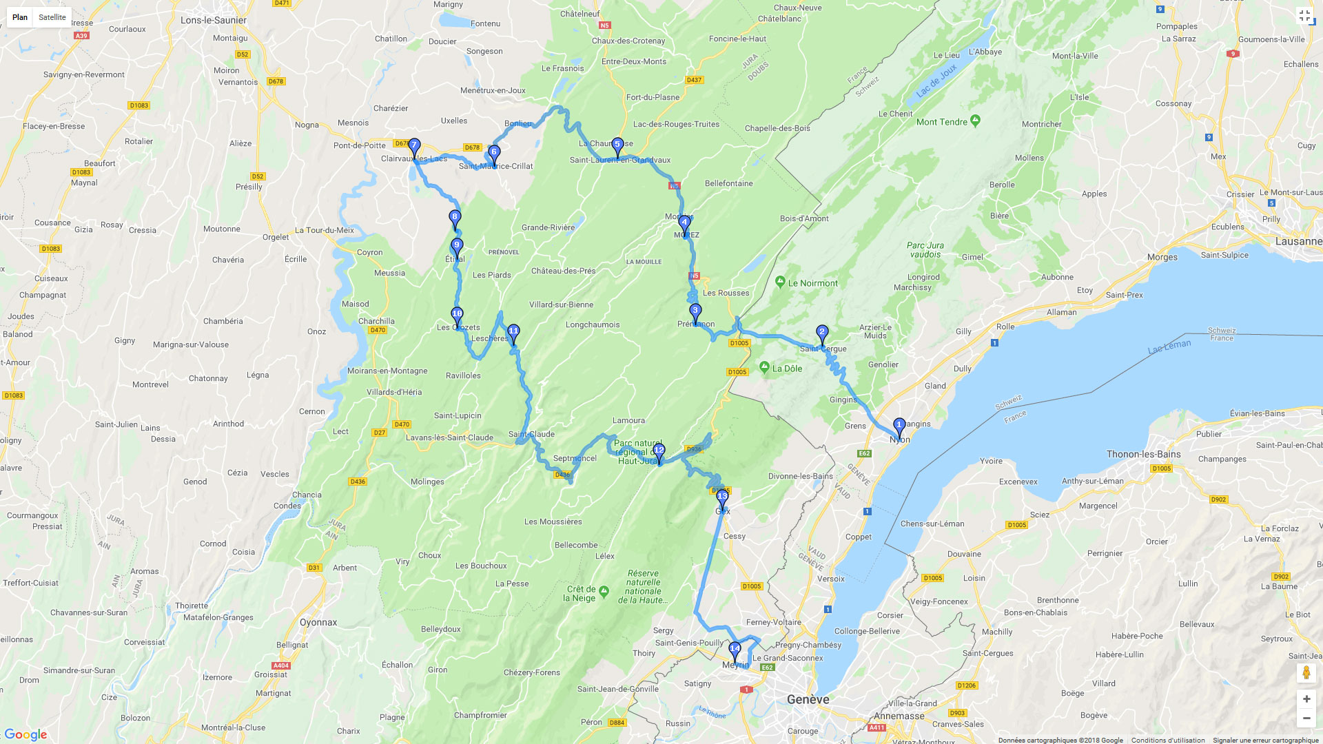 Pour zoomer sur la carte et avoir plus de détails, connectez-vous ! Carte roadbook Nyon-Jura Francais-Meyrin