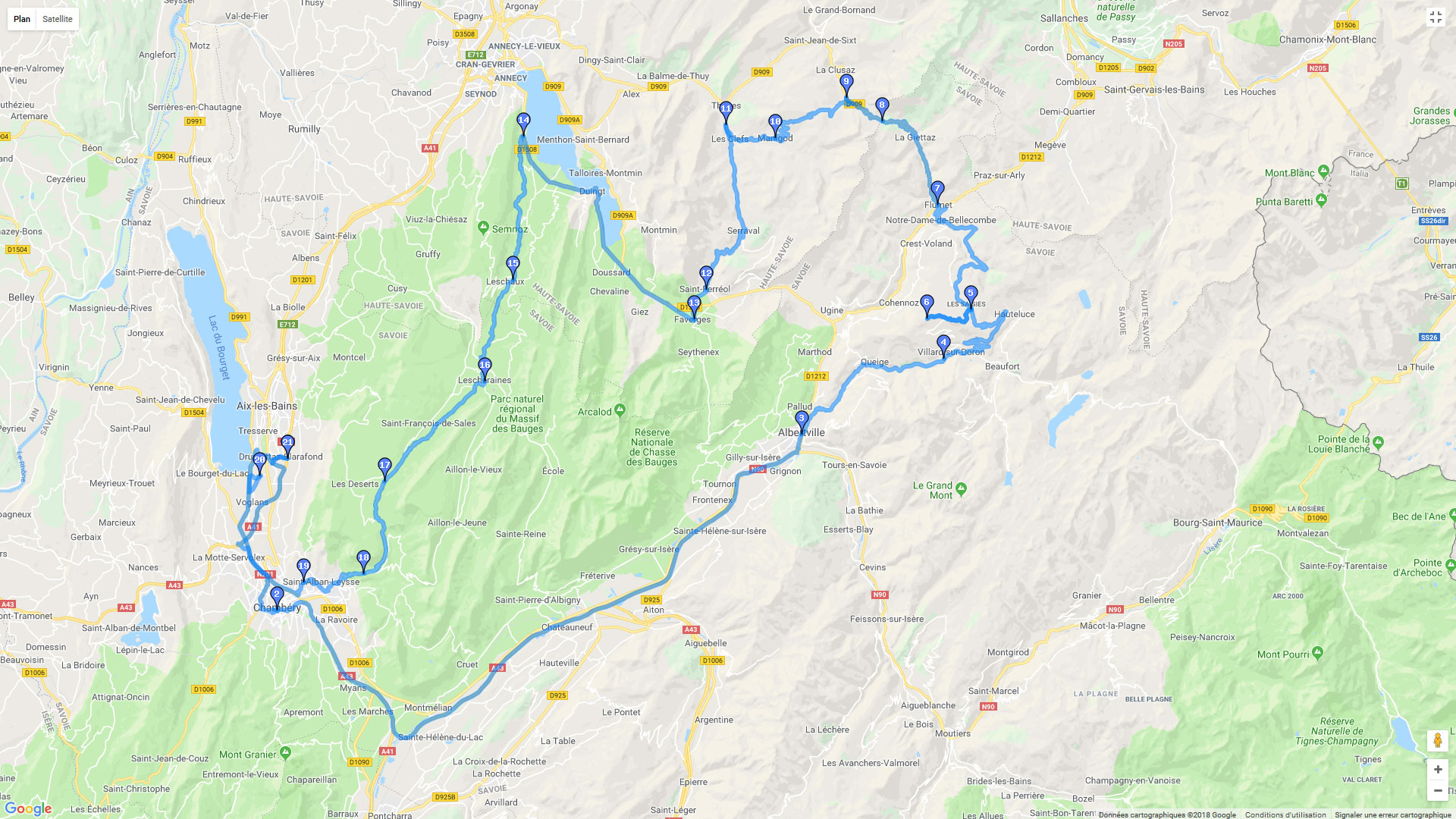 Pour zoomer sur la carte et avoir plus de détails, connectez-vous ! Carte roadbook Une journée de 10 Cols en Savoie