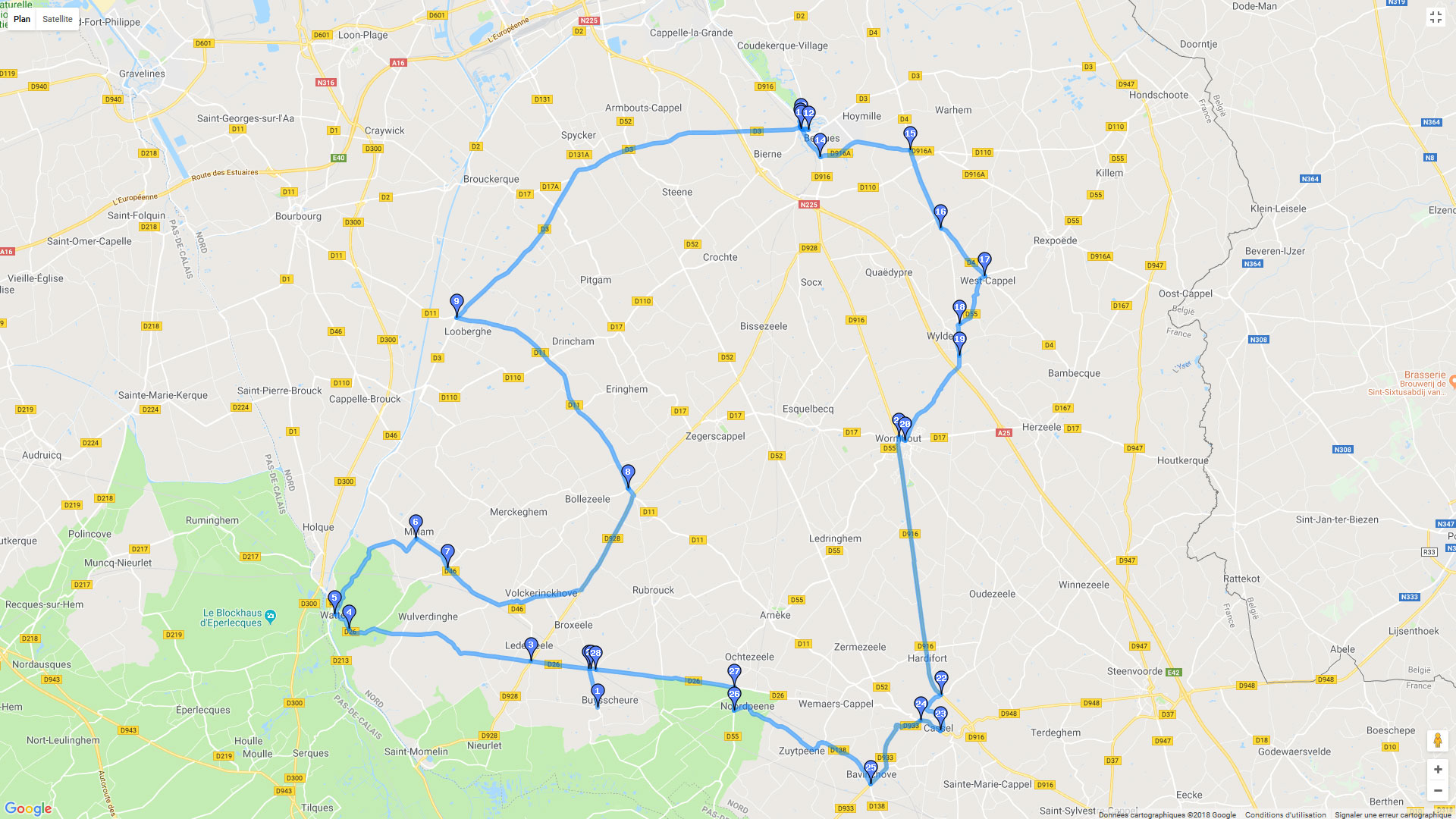 Pour zoomer sur la carte et avoir plus de détails, connectez-vous ! Carte roadbook Flandres