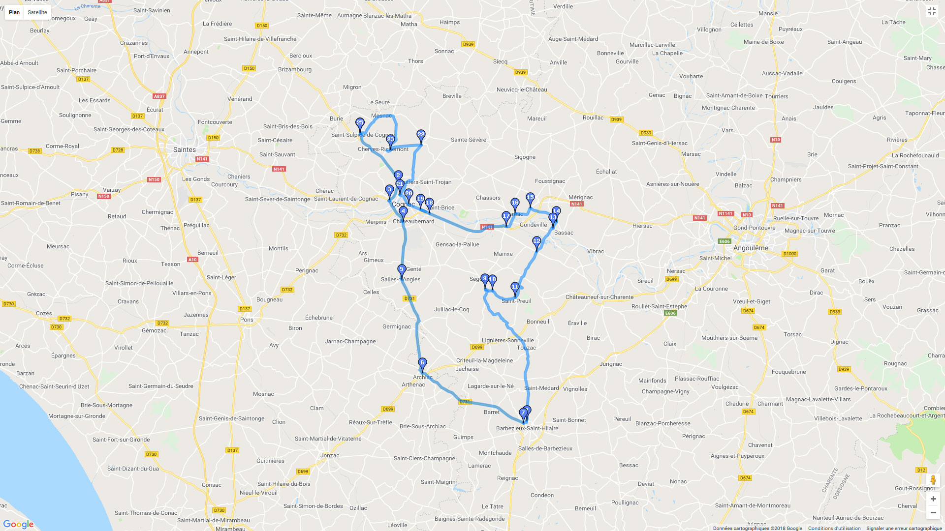 Pour zoomer sur la carte et avoir plus de détails, connectez-vous ! Carte roadbook Autour de Cognac