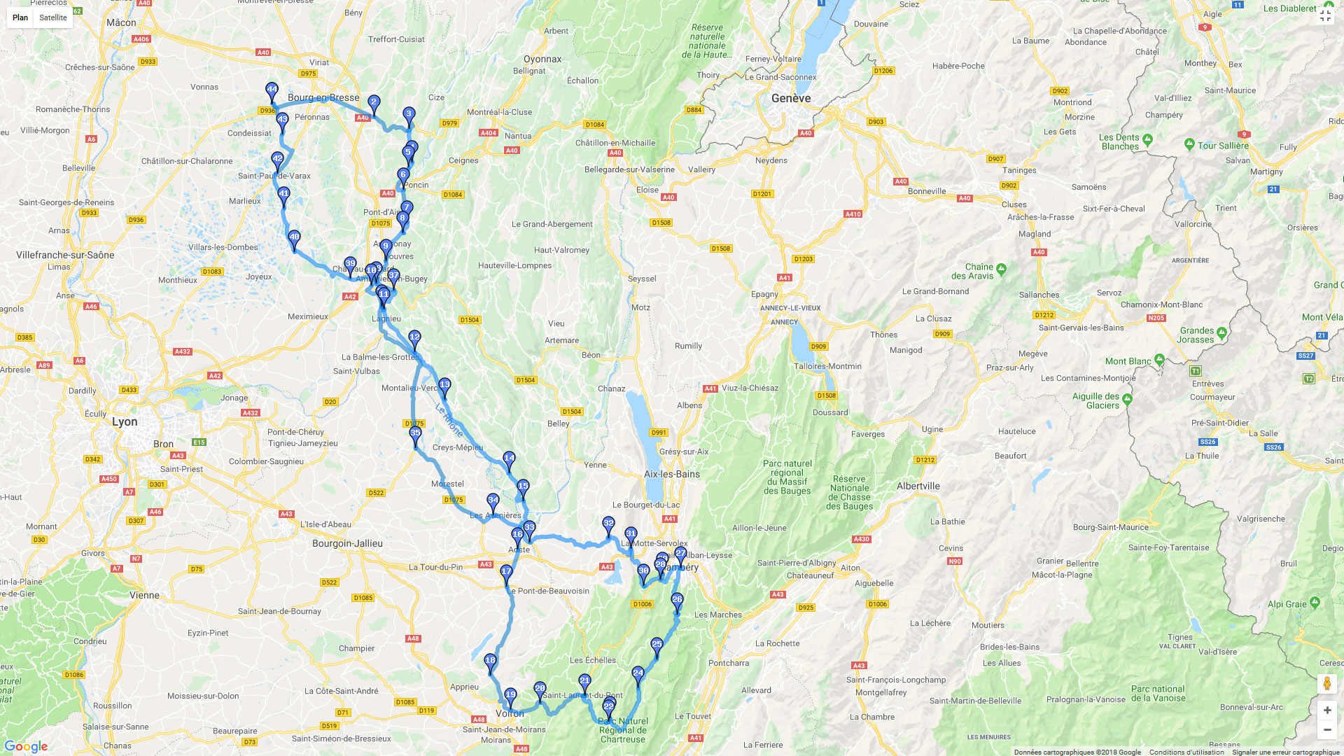 Pour zoomer sur la carte et avoir plus de détails, connectez-vous ! Carte roadbook Bresse - Savoie