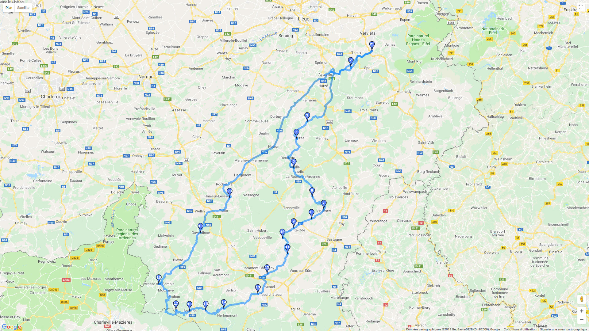 Pour zoomer sur la carte et avoir plus de détails, connectez-vous ! Carte roadbook Theux - Bouillon - Theux