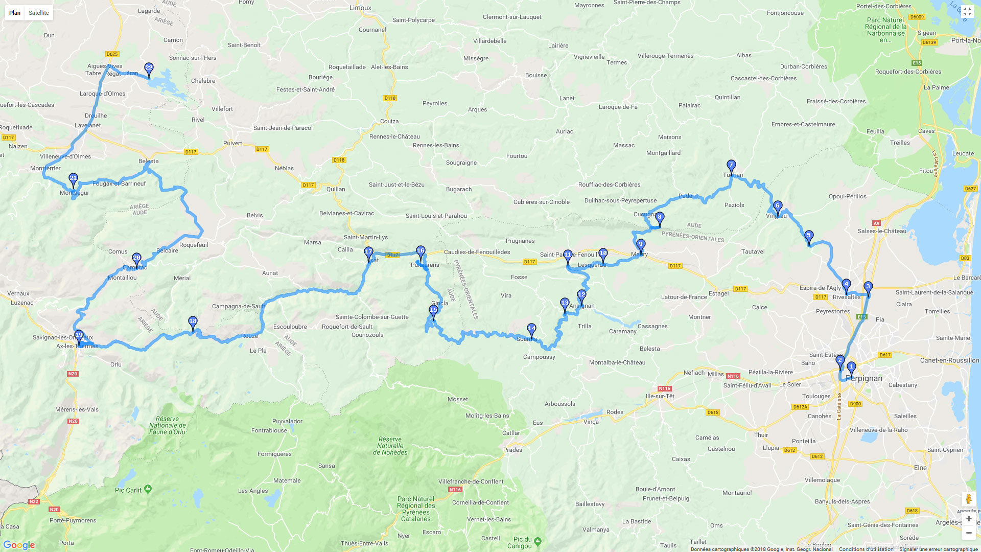 Pour zoomer sur la carte et avoir plus de détails, connectez-vous ! Carte roadbook Les Pyrénées : Perpignan - Léran