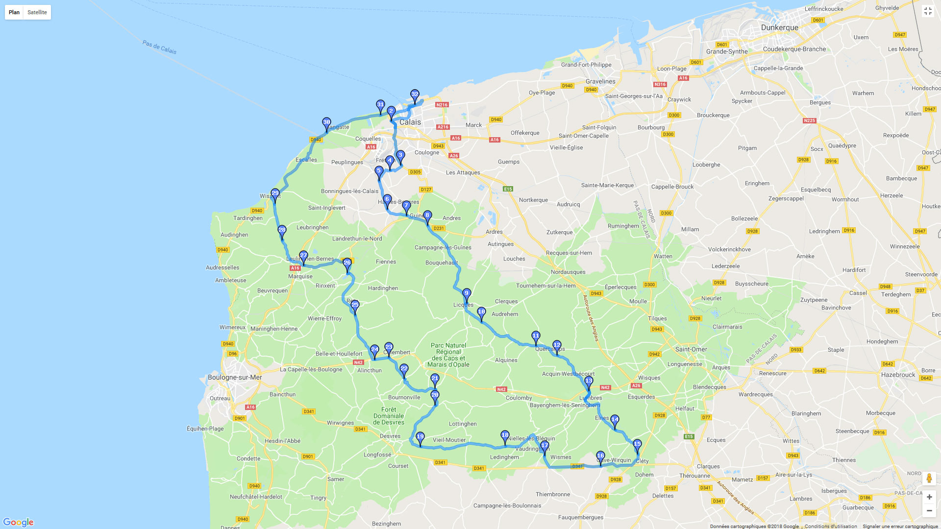 Pour zoomer sur la carte et avoir plus de détails, connectez-vous ! Carte roadbook De Calais vers le Garage Café d'Ouve Wirquin