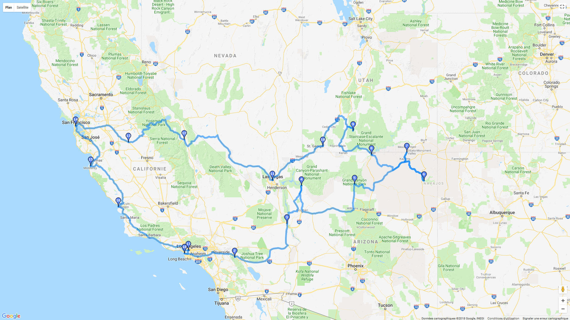 Pour zoomer sur la carte et avoir plus de détails, connectez-vous ! Carte roadbook Le grand ouest américain
