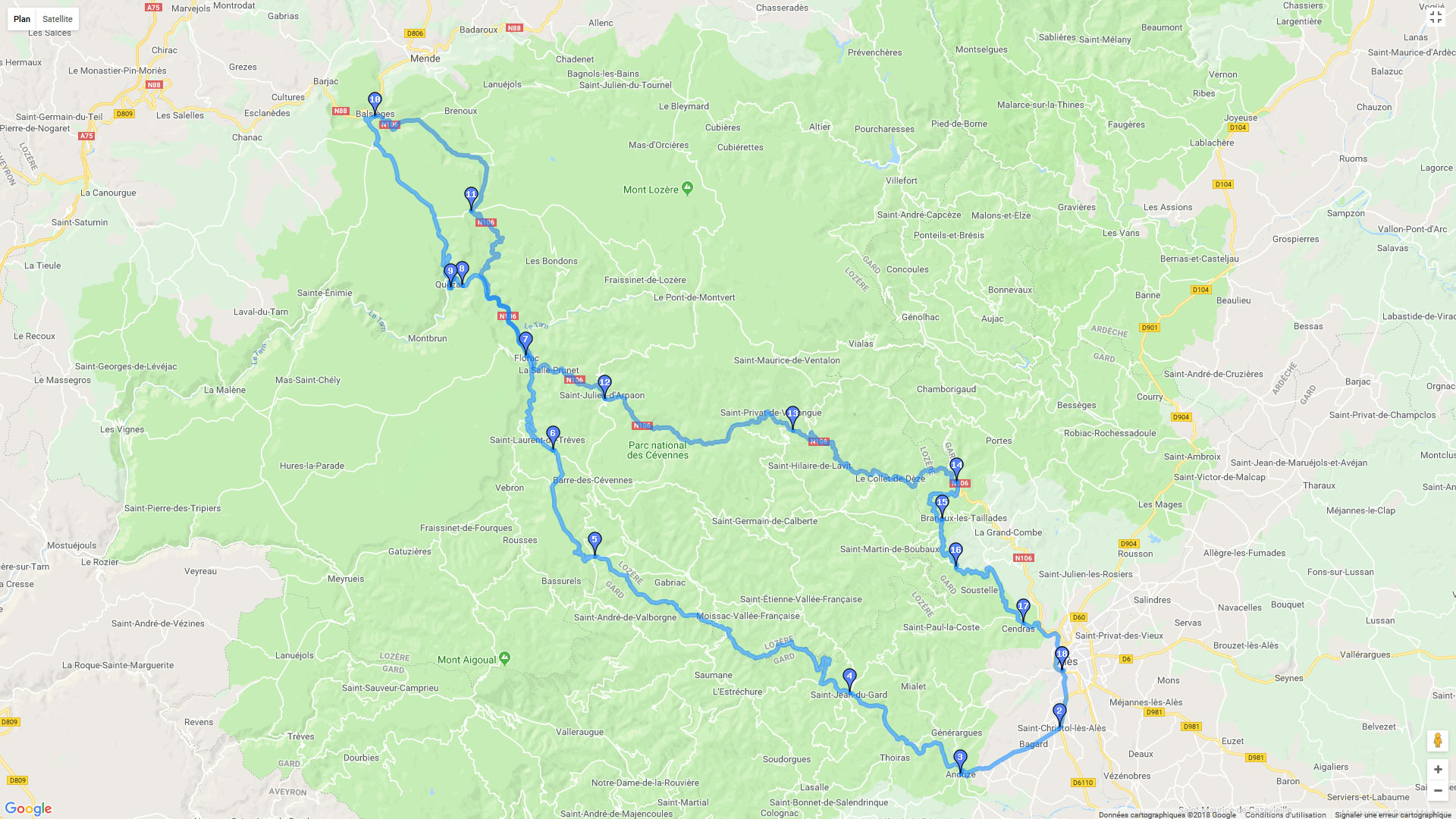 Pour zoomer sur la carte et avoir plus de détails, connectez-vous ! Carte roadbook Les Cévennes