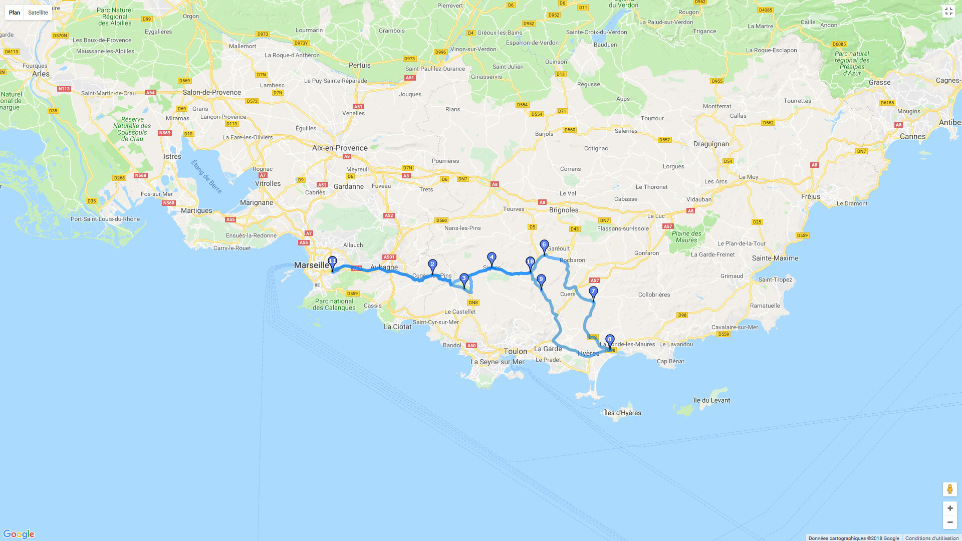 Pour zoomer sur la carte et avoir plus de détails, connectez-vous ! Carte roadbook Balade Hyères