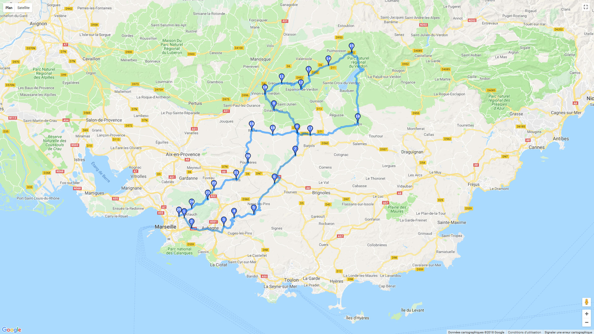 Pour zoomer sur la carte et avoir plus de détails, connectez-vous ! Carte roadbook Des Calanques au Verdon