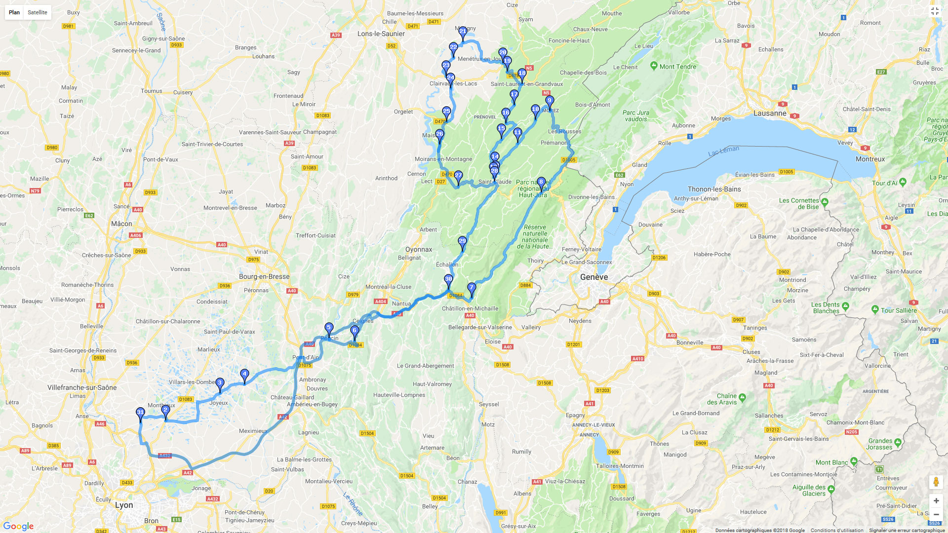 Pour zoomer sur la carte et avoir plus de détails, connectez-vous ! Carte roadbook Lyon / Jura