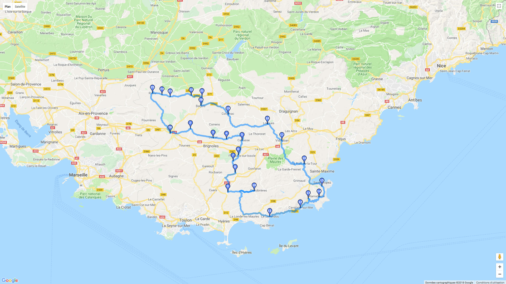Pour zoomer sur la carte et avoir plus de détails, connectez-vous ! Carte roadbook Saint-Maximin-la-Sainte-Baume à Cavalaire