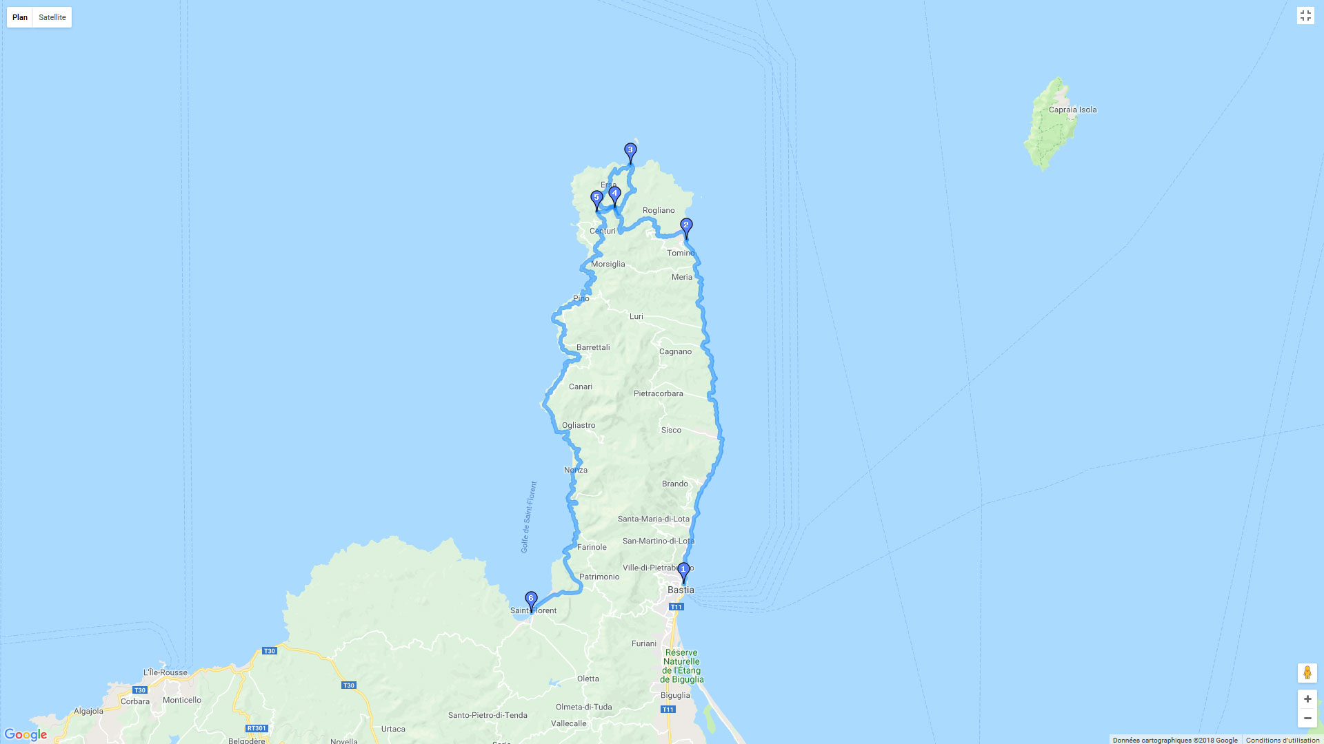 Pour zoomer sur la carte et avoir plus de détails, connectez-vous ! Carte roadbook Corse et Sardaigne - J1