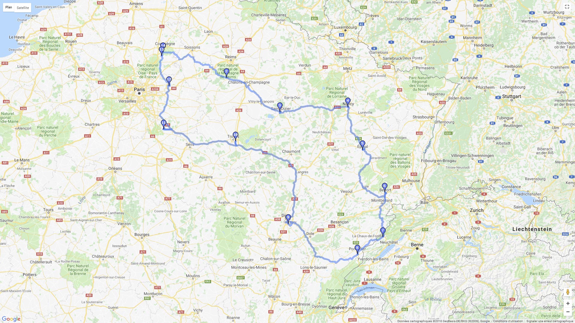 Pour zoomer sur la carte et avoir plus de détails, connectez-vous ! Carte roadbook Champagne et haut doubs
