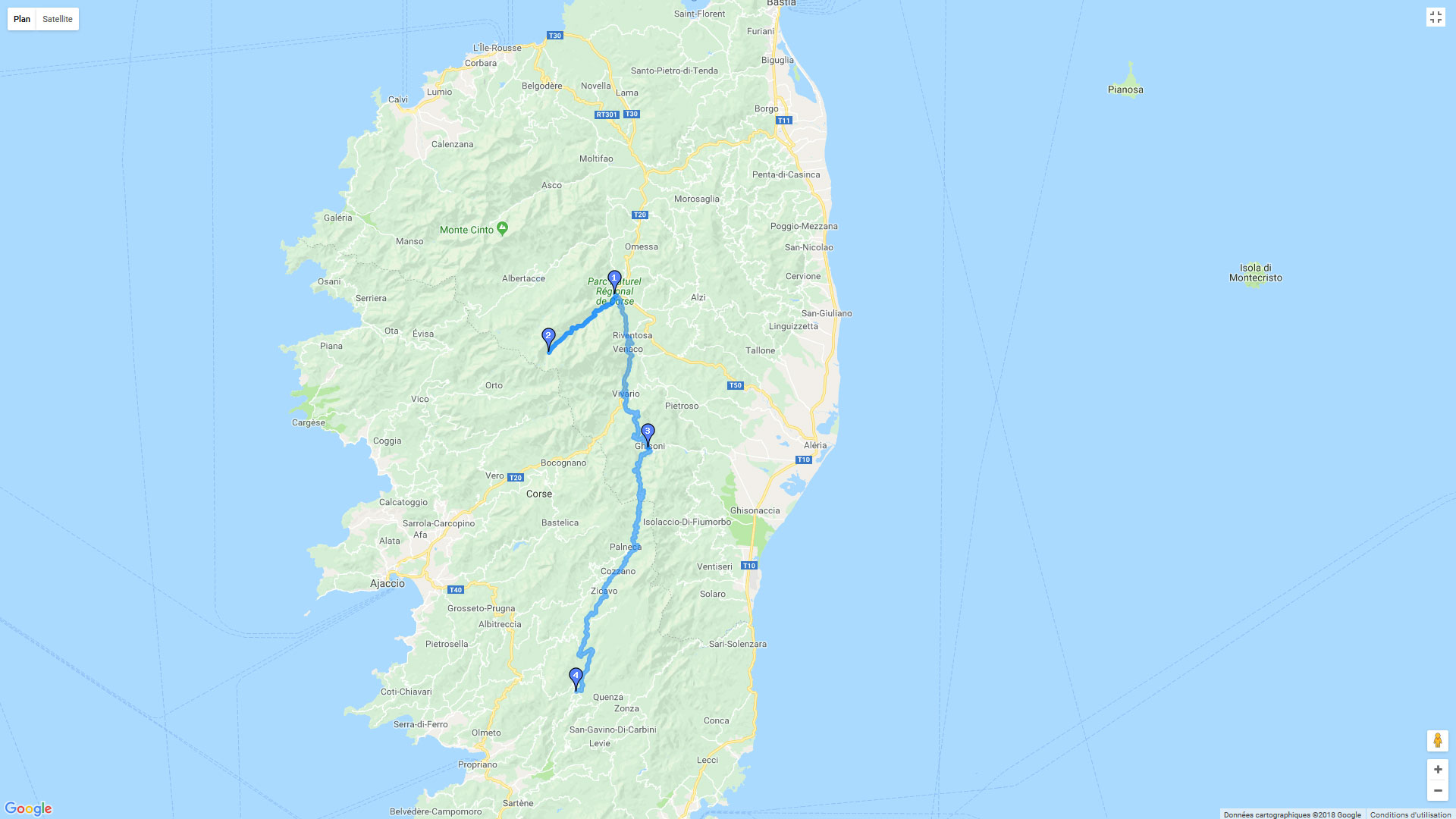 Pour zoomer sur la carte et avoir plus de détails, connectez-vous ! Carte roadbook Corse et Sardaigne - J4