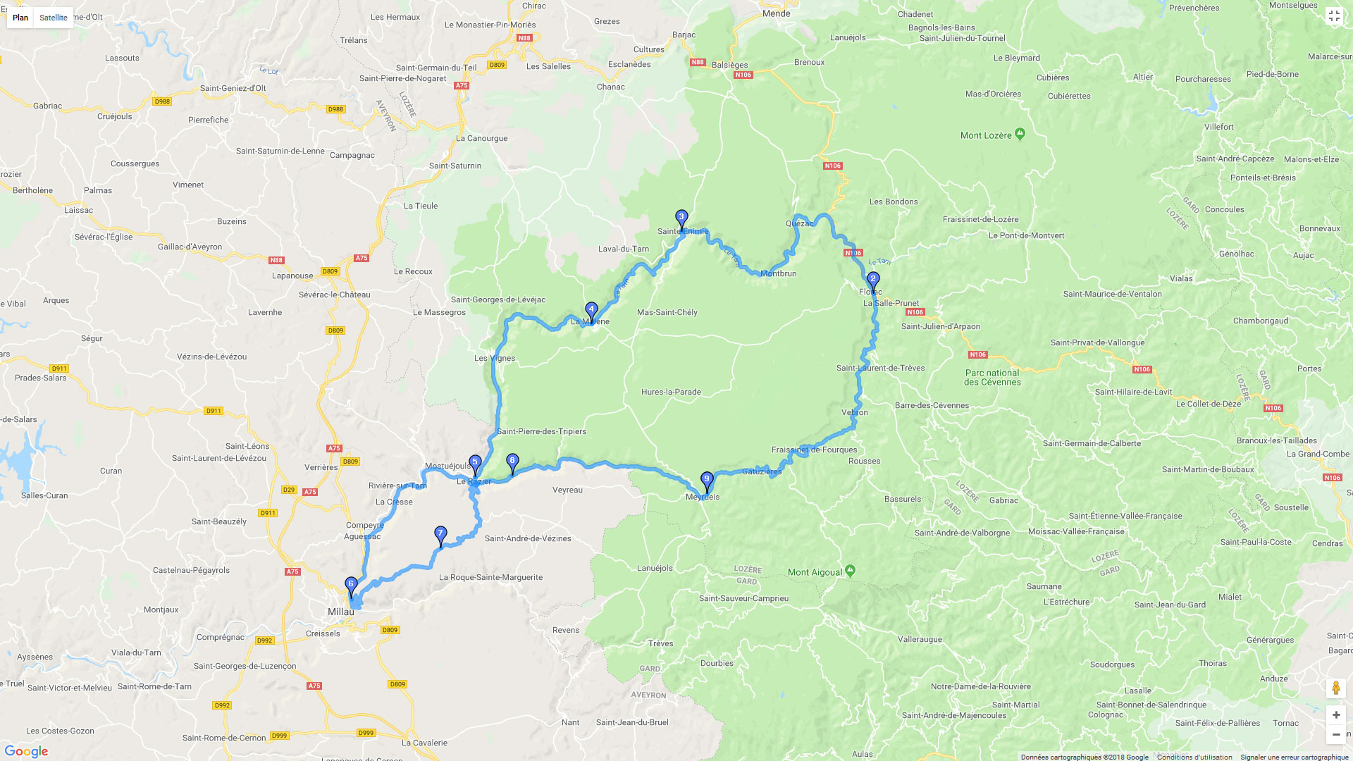 Pour zoomer sur la carte et avoir plus de détails, connectez-vous ! Carte roadbook Gorges du Tarn