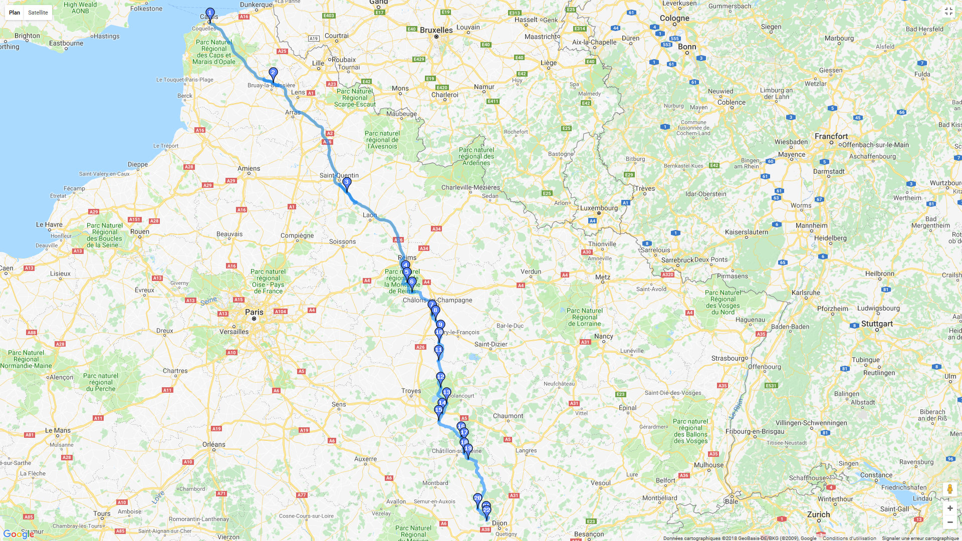 Pour zoomer sur la carte et avoir plus de détails, connectez-vous ! Carte roadbook De Calais à Prenois