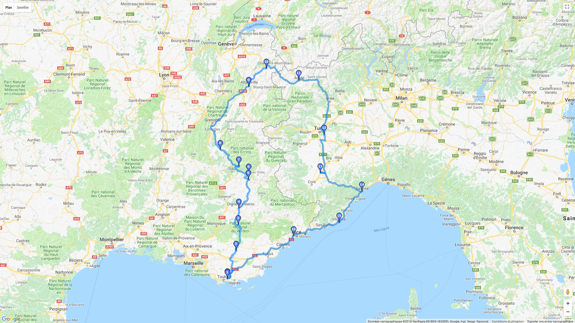 Pour zoomer sur la carte et avoir plus de détails, connectez-vous ! Carte roadbook Toulon - Mont Blanc - Turin