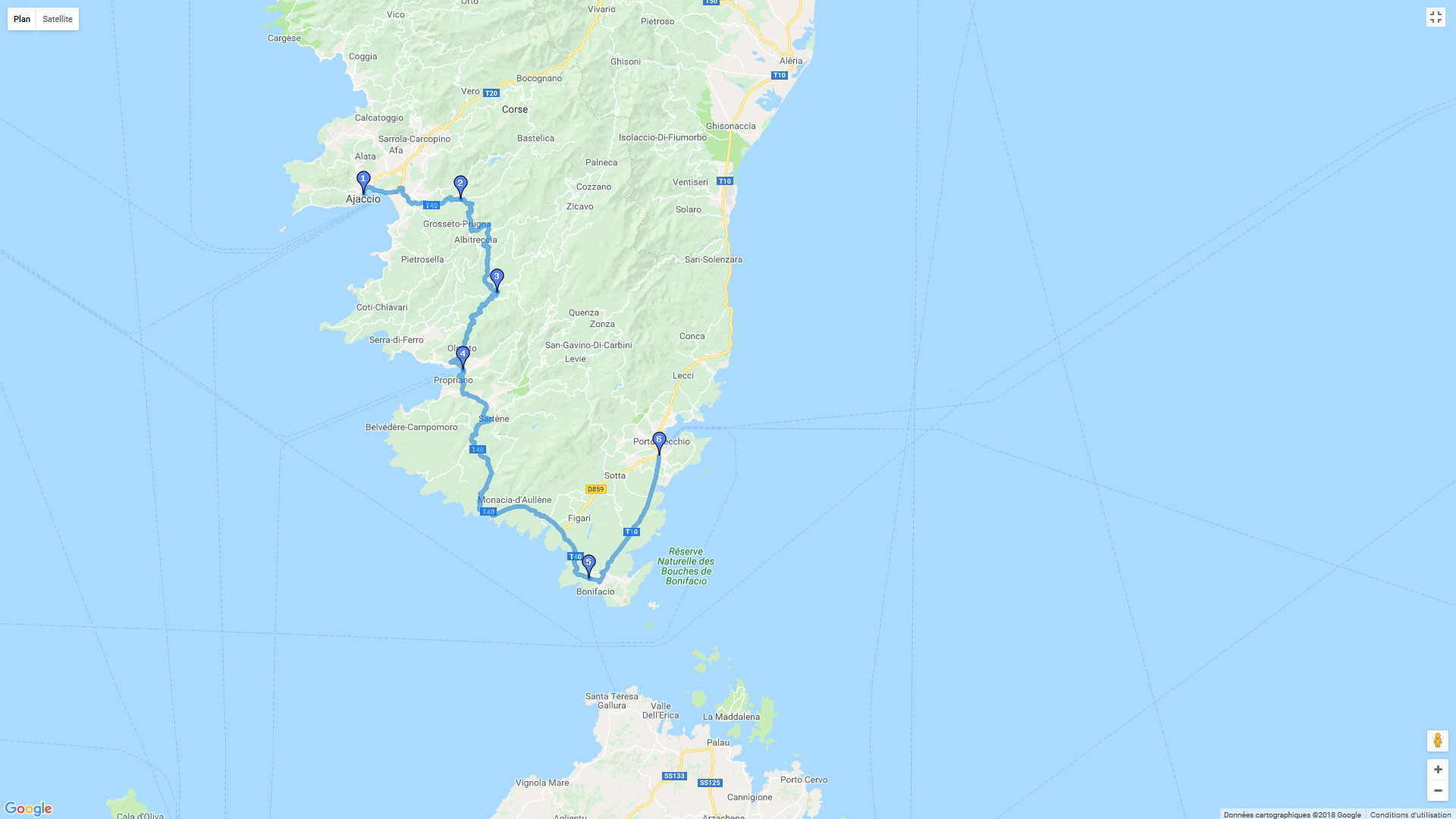 Pour zoomer sur la carte et avoir plus de détails, connectez-vous ! Carte roadbook Ajaccio - Porto Vecchio