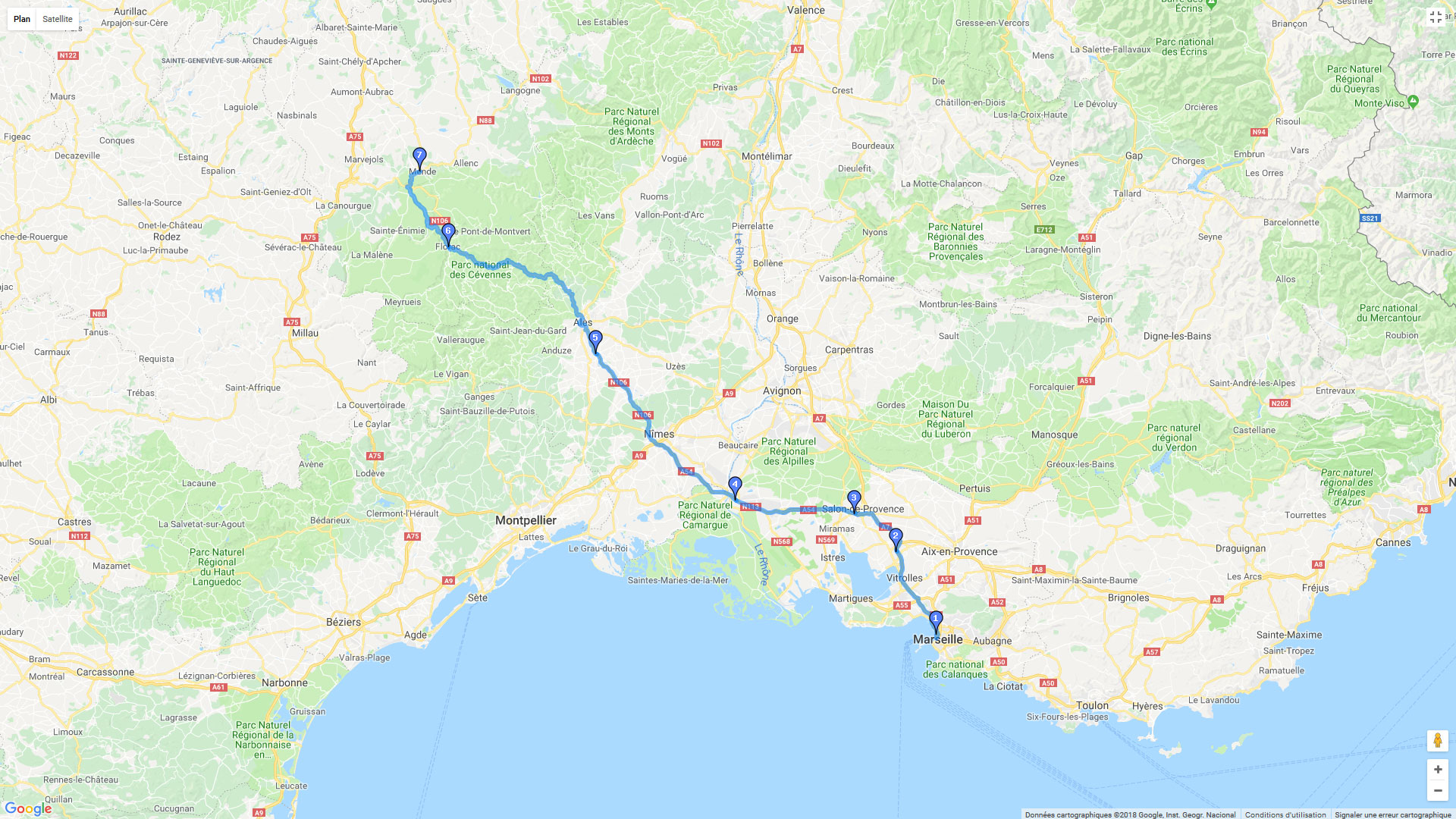 Pour zoomer sur la carte et avoir plus de détails, connectez-vous ! Carte roadbook Marseille - Mende