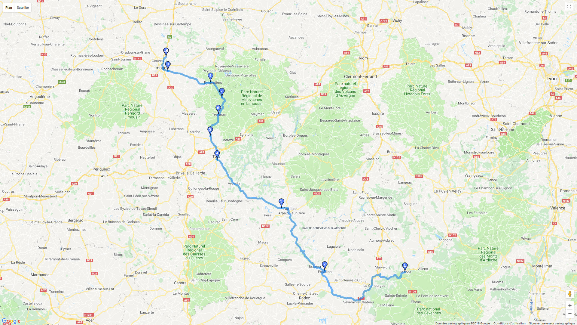 Pour zoomer sur la carte et avoir plus de détails, connectez-vous ! Carte roadbook Mende - Limoges