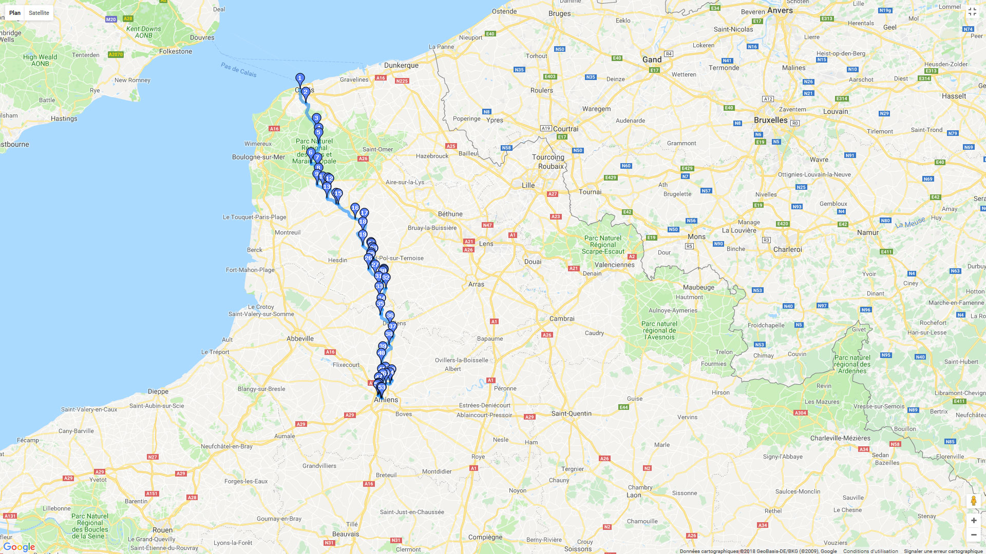 Pour zoomer sur la carte et avoir plus de détails, connectez-vous ! Carte roadbook Calais - Amiens