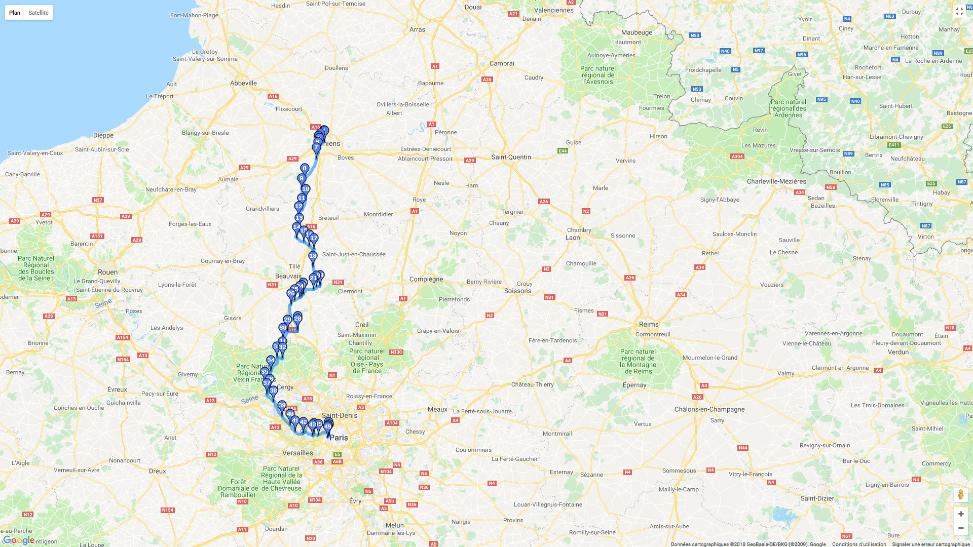 Pour zoomer sur la carte et avoir plus de détails, connectez-vous ! Carte roadbook Amiens - Paris
