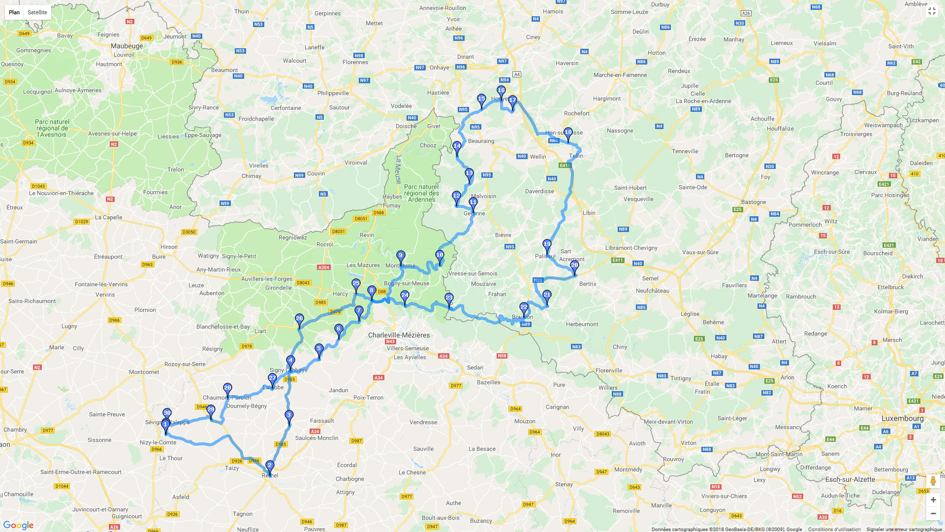 Pour zoomer sur la carte et avoir plus de détails, connectez-vous ! Carte roadbook Ardennes Belges