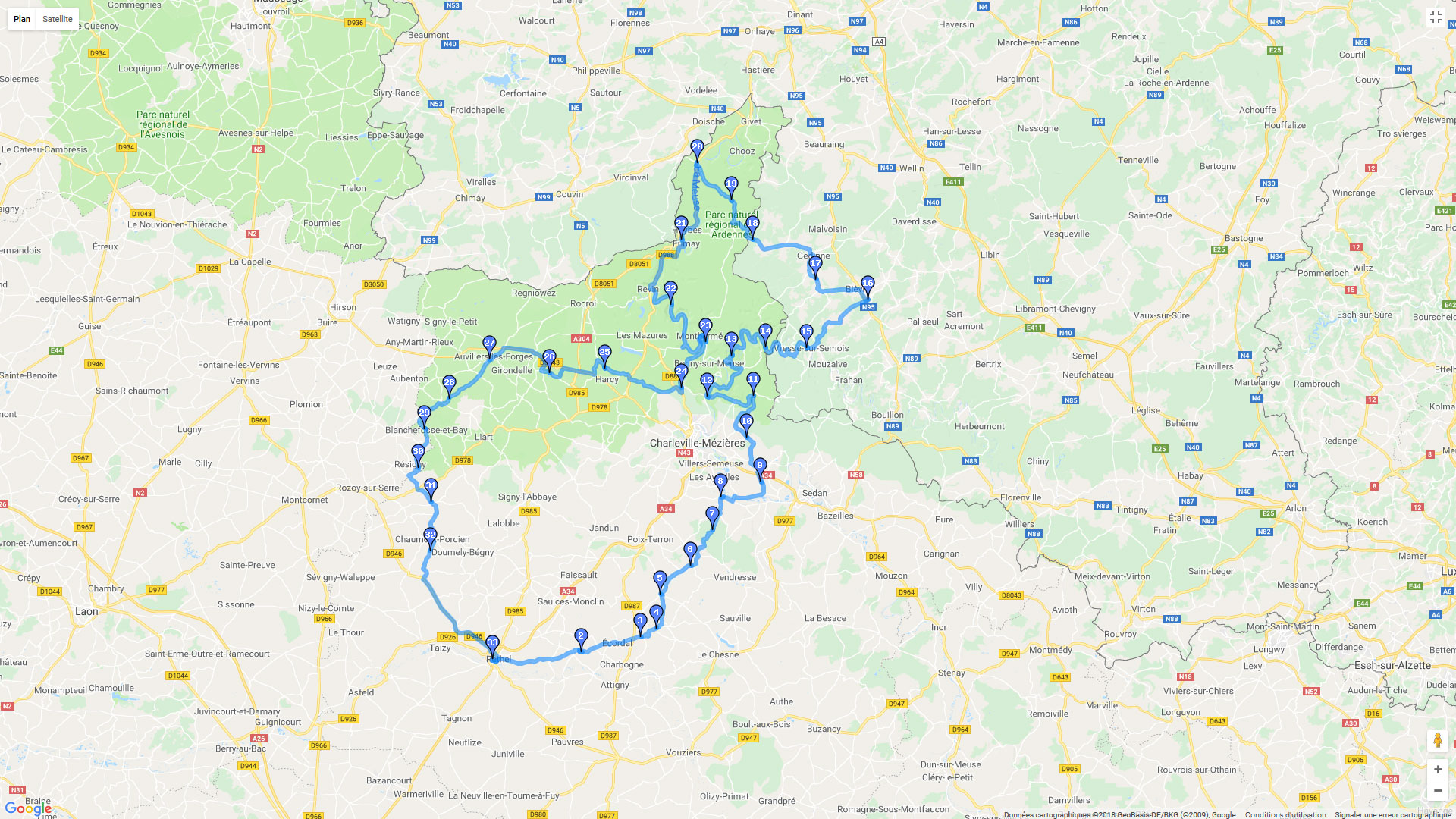 Pour zoomer sur la carte et avoir plus de détails, connectez-vous ! Carte roadbook Les Ardennes à moto