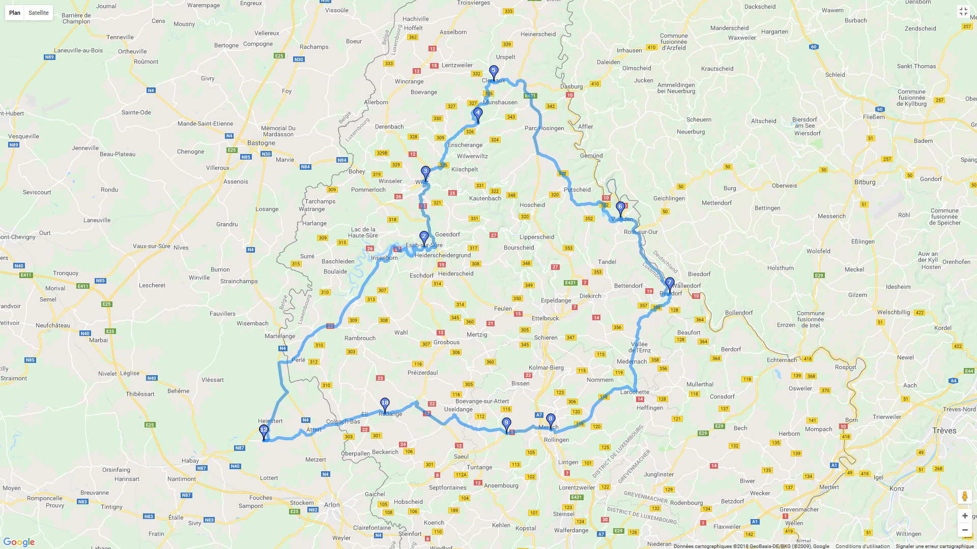 Pour zoomer sur la carte et avoir plus de détails, connectez-vous ! Carte roadbook Châteaux du Luxembourg