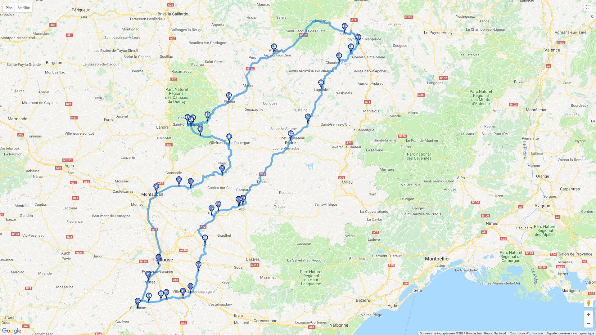 Pour zoomer sur la carte et avoir plus de détails, connectez-vous ! Carte roadbook De Toulouse aux Volcans