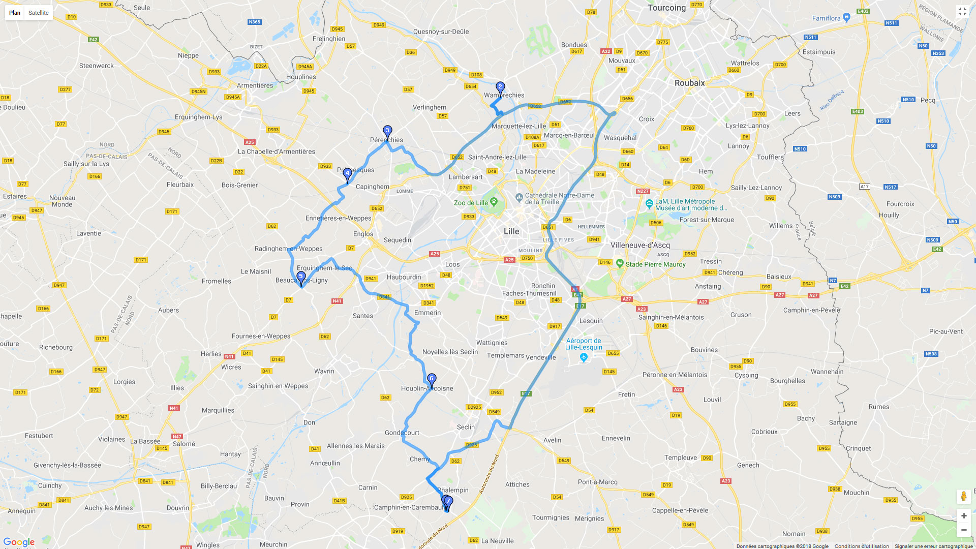 Pour zoomer sur la carte et avoir plus de détails, connectez-vous ! Carte roadbook Autour de Lille