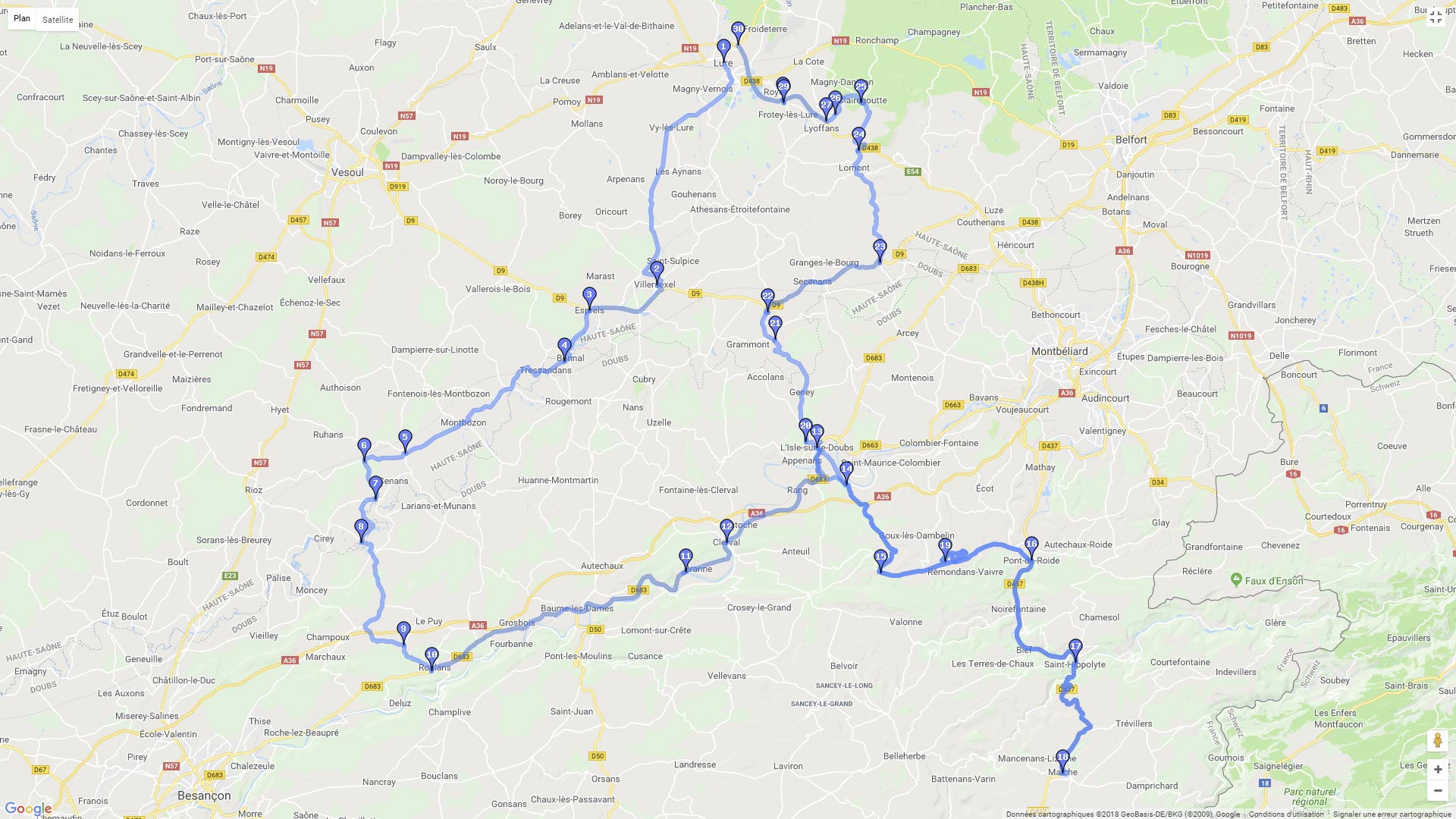 Pour zoomer sur la carte et avoir plus de détails, connectez-vous ! Carte roadbook Haute Saone et Doubs