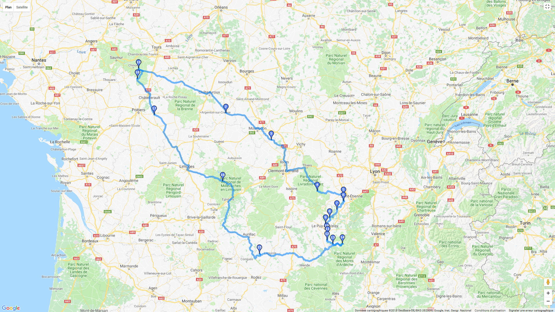 Pour zoomer sur la carte et avoir plus de détails, connectez-vous ! Carte roadbook Source Loire et Vienne