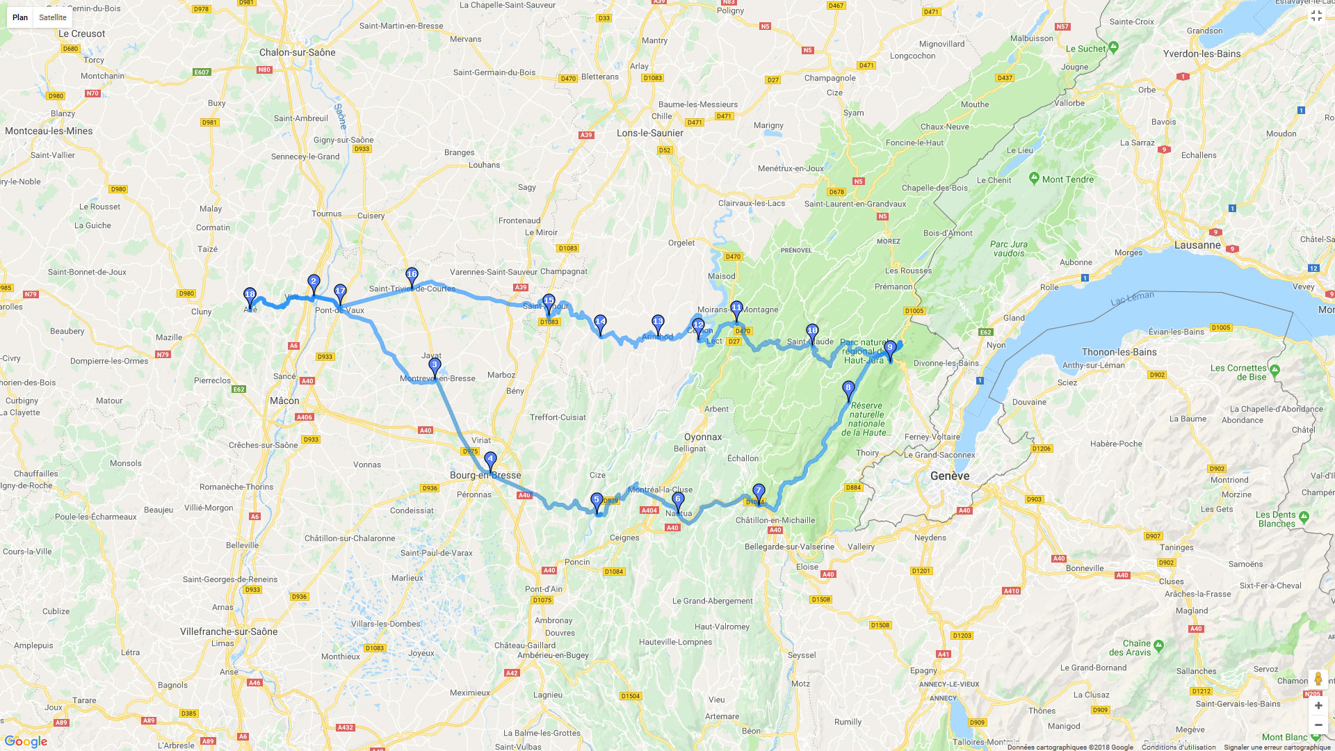 Pour zoomer sur la carte et avoir plus de détails, connectez-vous ! Carte roadbook Ain et Jura - Version 2