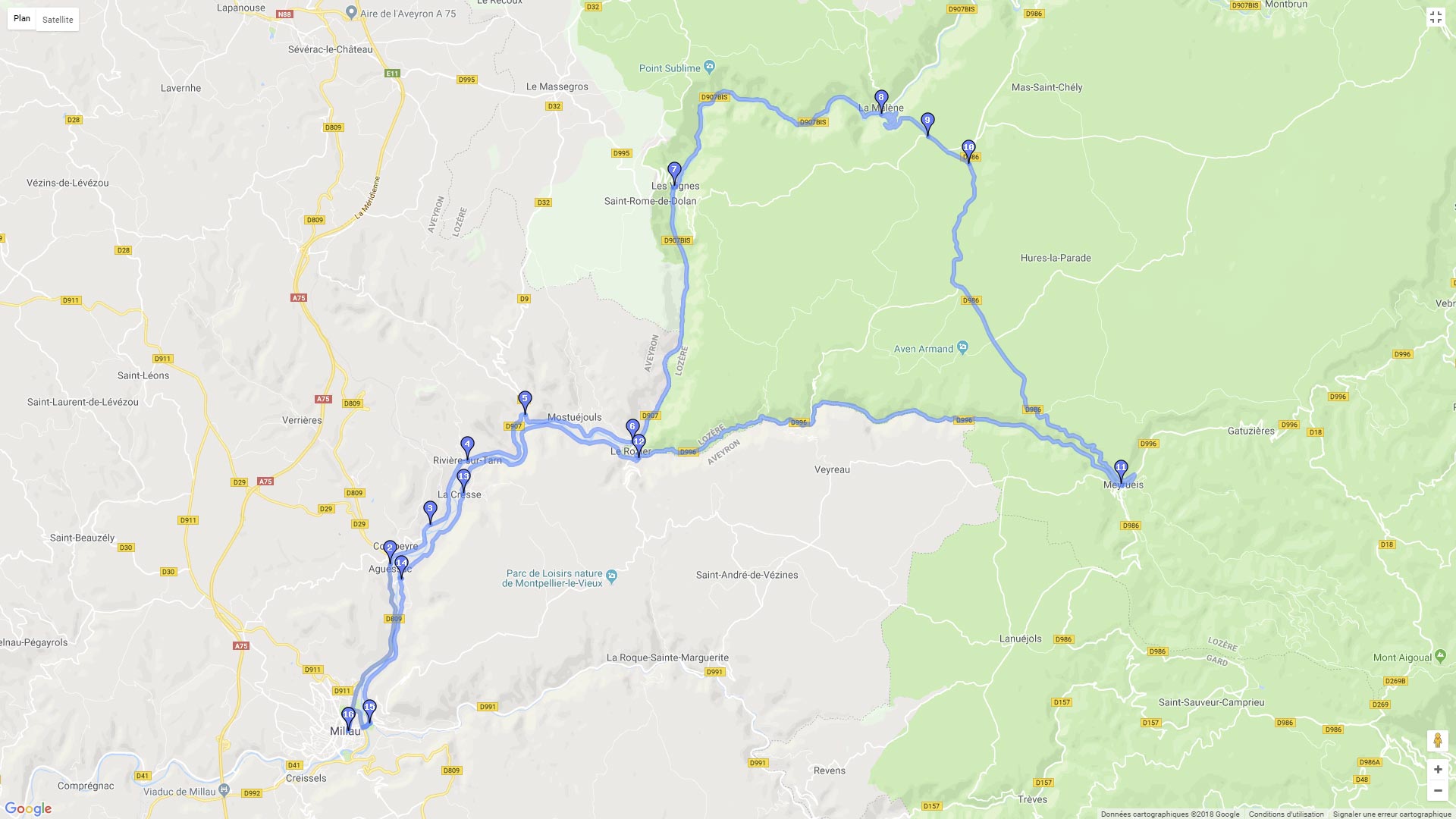 Pour zoomer sur la carte et avoir plus de détails, connectez-vous ! Carte roadbook Les 2 vallées Gorges du Tarn et Jonte