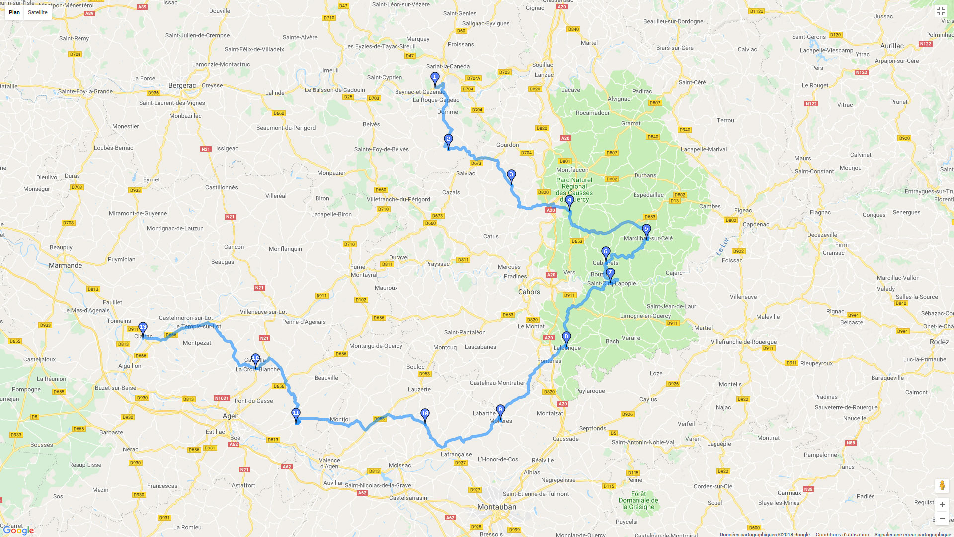 Pour zoomer sur la carte et avoir plus de détails, connectez-vous ! Carte roadbook Du Périgord noir au Lot et Garonne