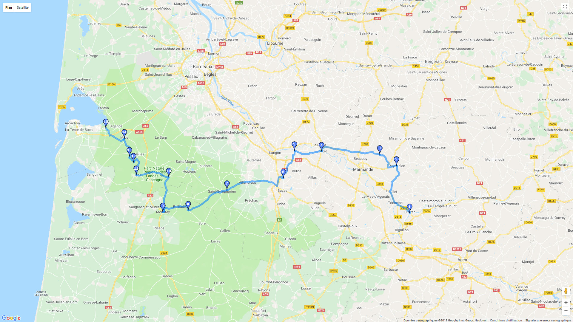 Pour zoomer sur la carte et avoir plus de détails, connectez-vous ! Carte roadbook Du Lot et Garonne au Teich