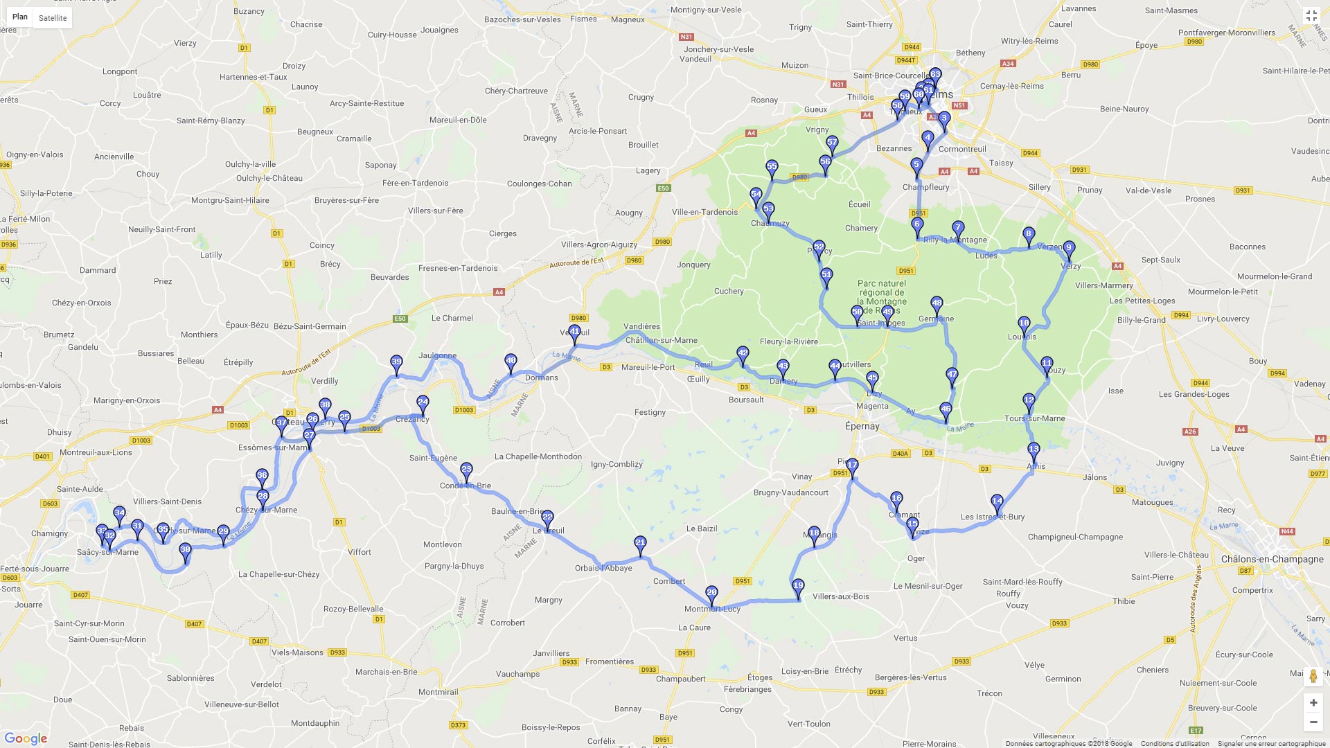 Pour zoomer sur la carte et avoir plus de détails, connectez-vous ! Carte roadbook De Reims aux bords de Marne