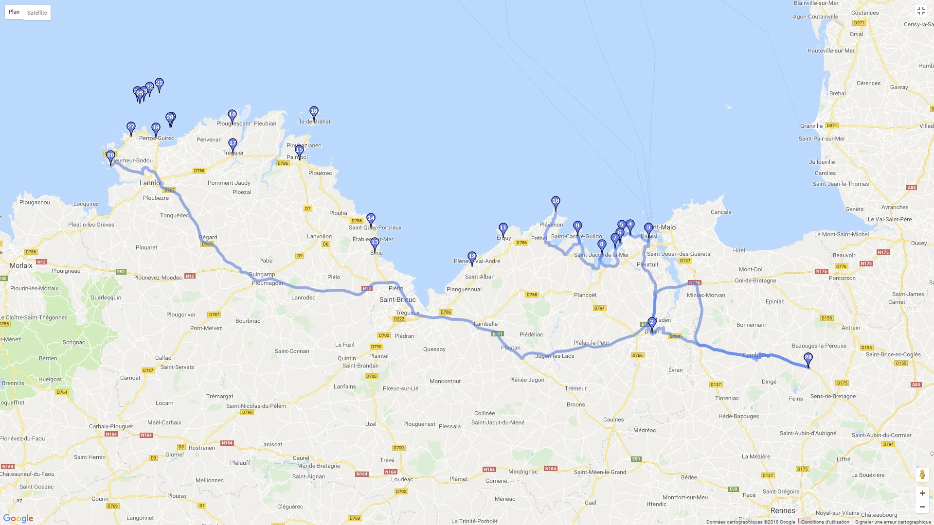 Pour zoomer sur la carte et avoir plus de détails, connectez-vous ! Carte roadbook Côte Bretonne nord