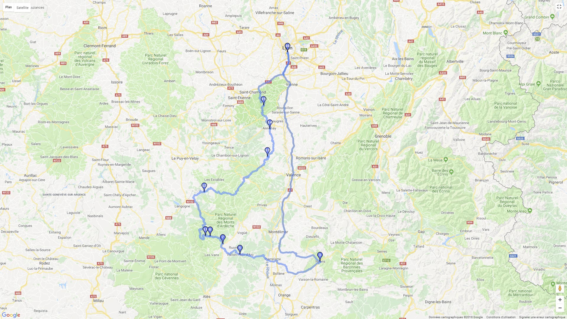 Pour zoomer sur la carte et avoir plus de détails, connectez-vous ! Carte roadbook Ardèche depuis Lyon