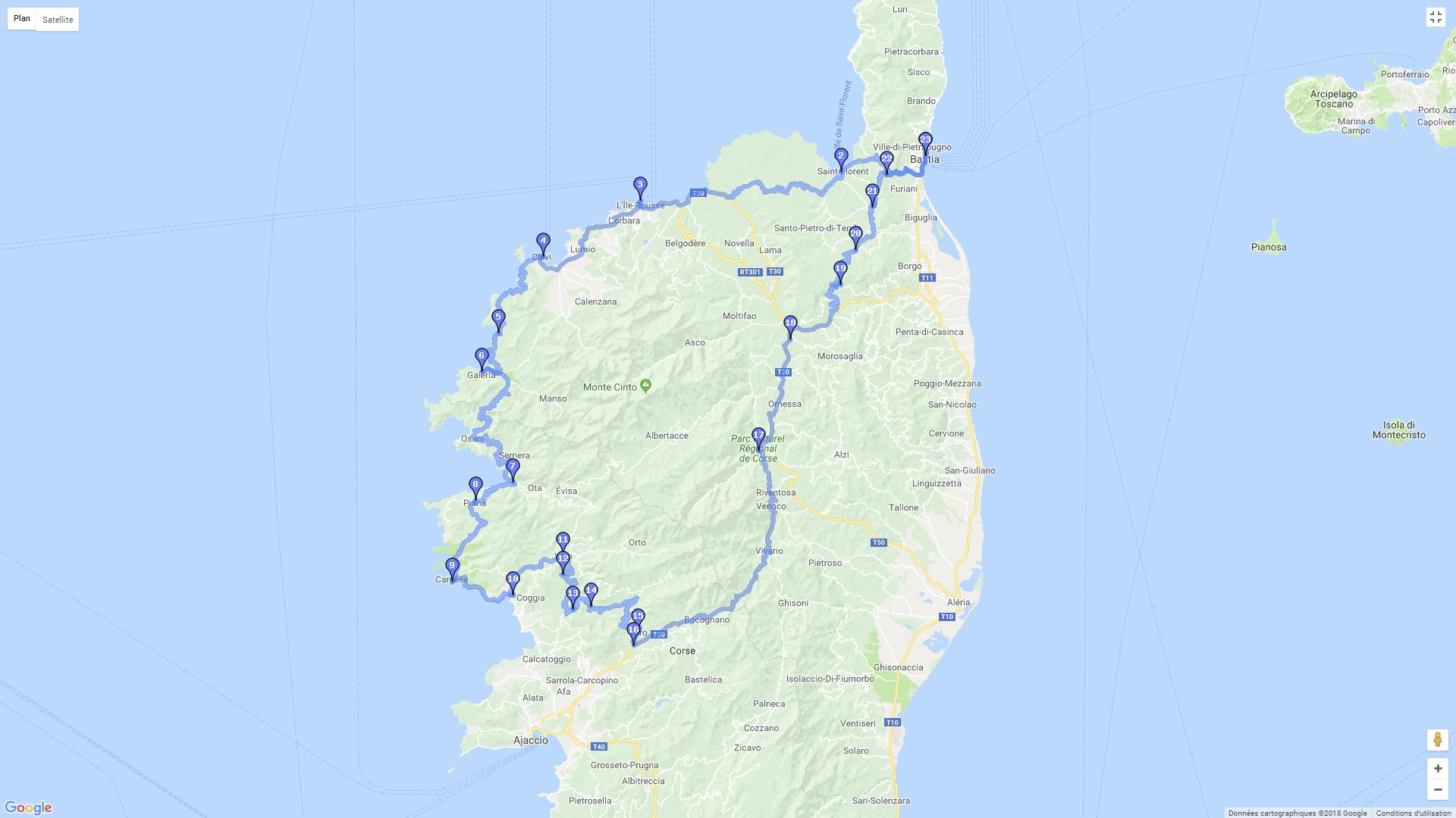 Pour zoomer sur la carte et avoir plus de détails, connectez-vous ! Carte roadbook Haute Corse