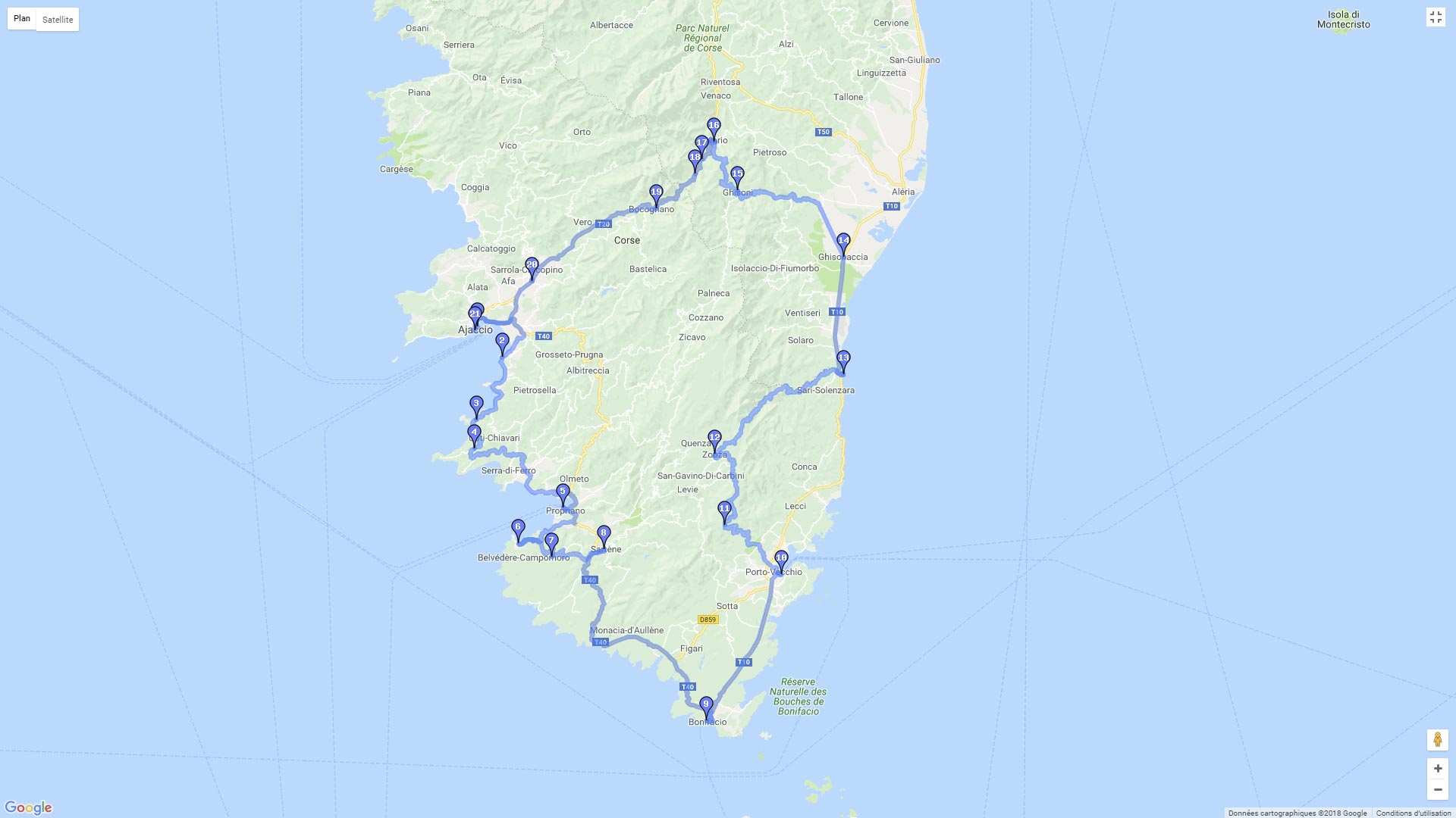 Pour zoomer sur la carte et avoir plus de détails, connectez-vous ! Carte roadbook Corse du sud