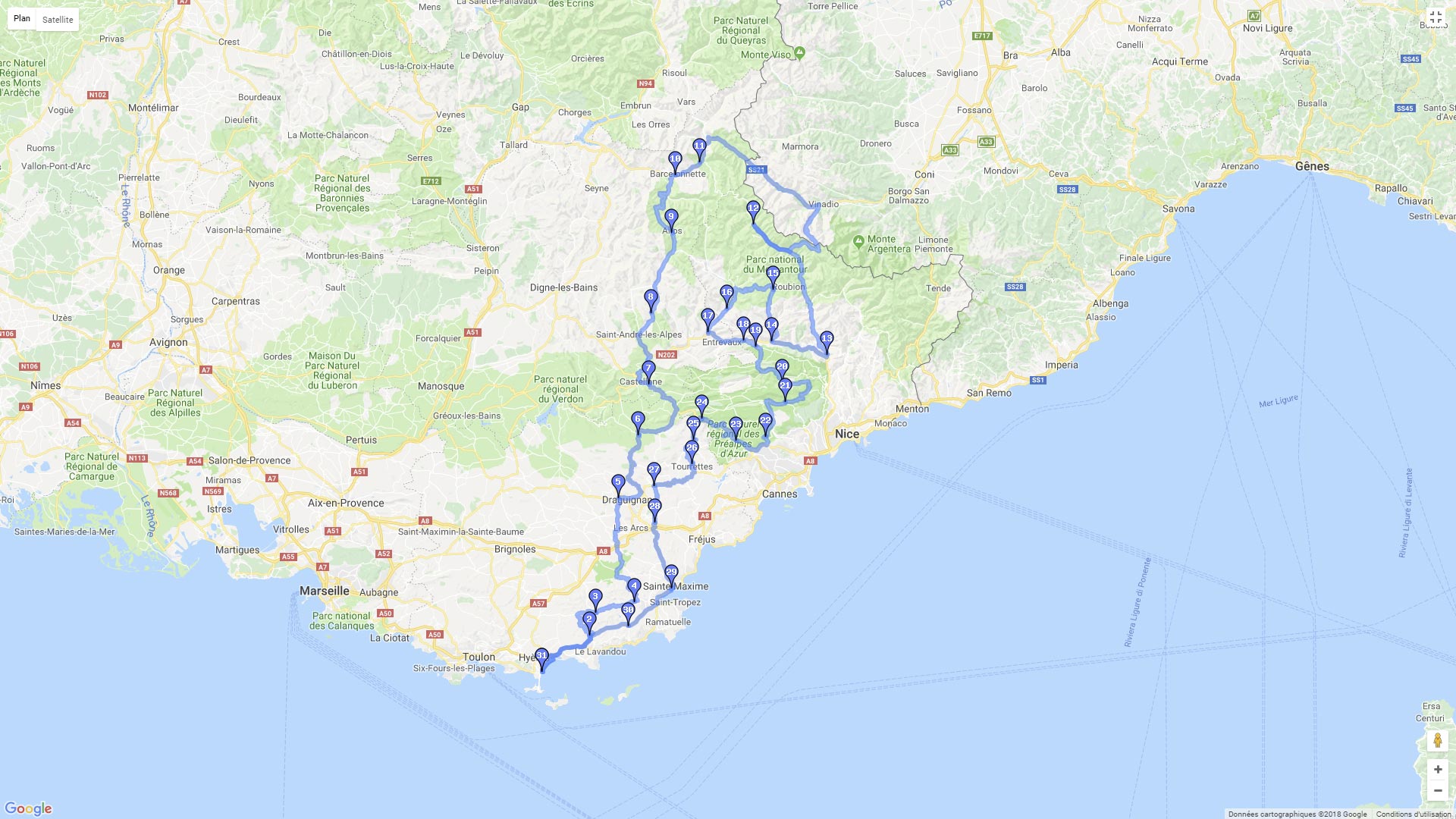 Pour zoomer sur la carte et avoir plus de détails, connectez-vous ! Carte roadbook Boucle depuis Hyères vers Barcelonnette