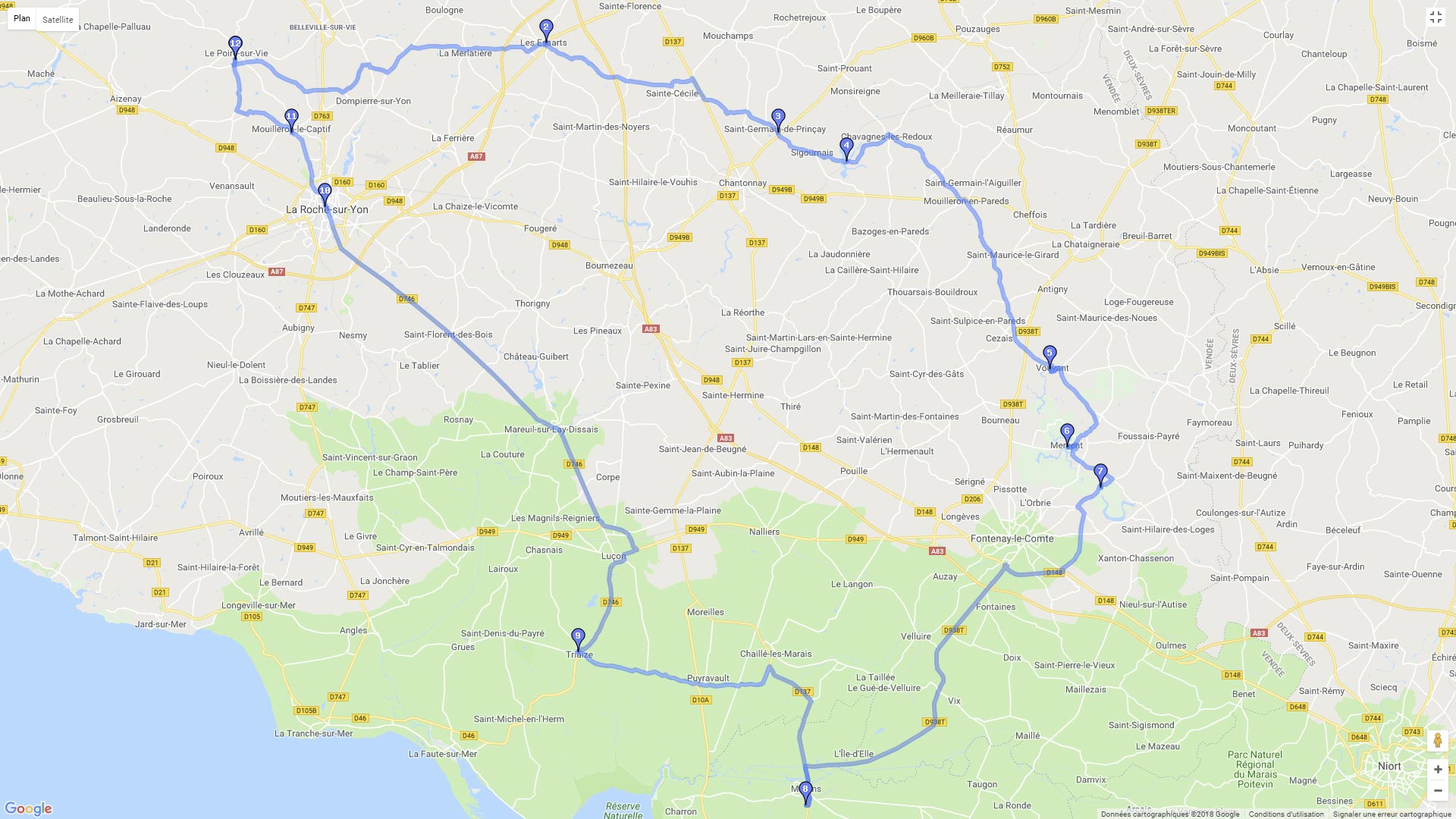 Pour zoomer sur la carte et avoir plus de détails, connectez-vous ! Carte roadbook Le Poiré sur Vie vers le Sud Vendée